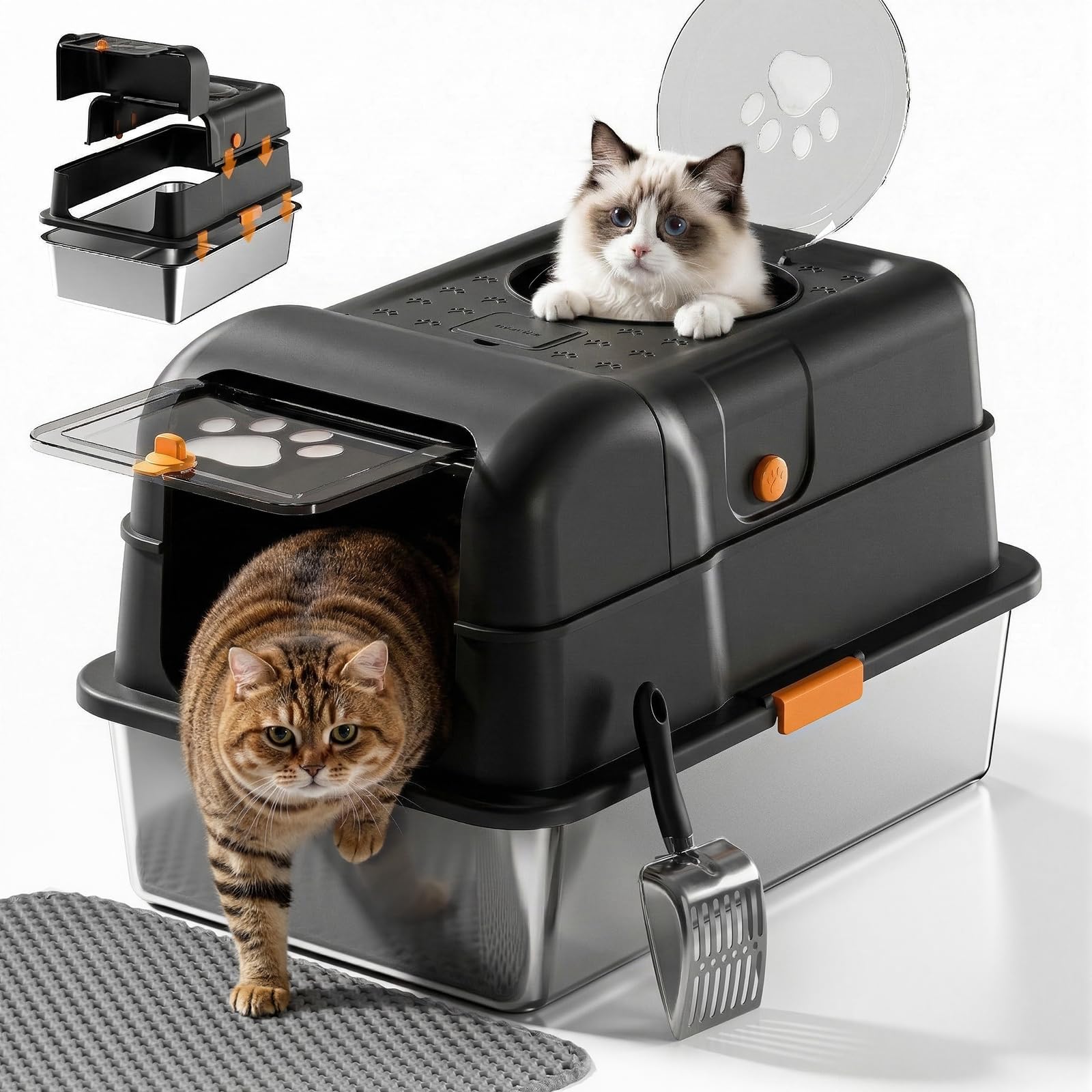 24''lx16''wx15''h non-stick stainless steel litter box with lid, no-mess odor control anti-leak cat litter box, 3-in-1 fully enclosed high-sided litterbox with flip top (black)