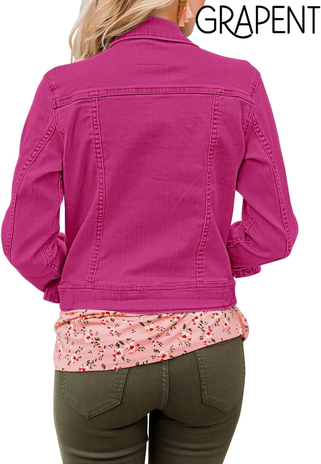 GRAPENT Women's Basic Button Down Long Sleeve Stretchy Jean Trucker Denim Jacket - Image 4