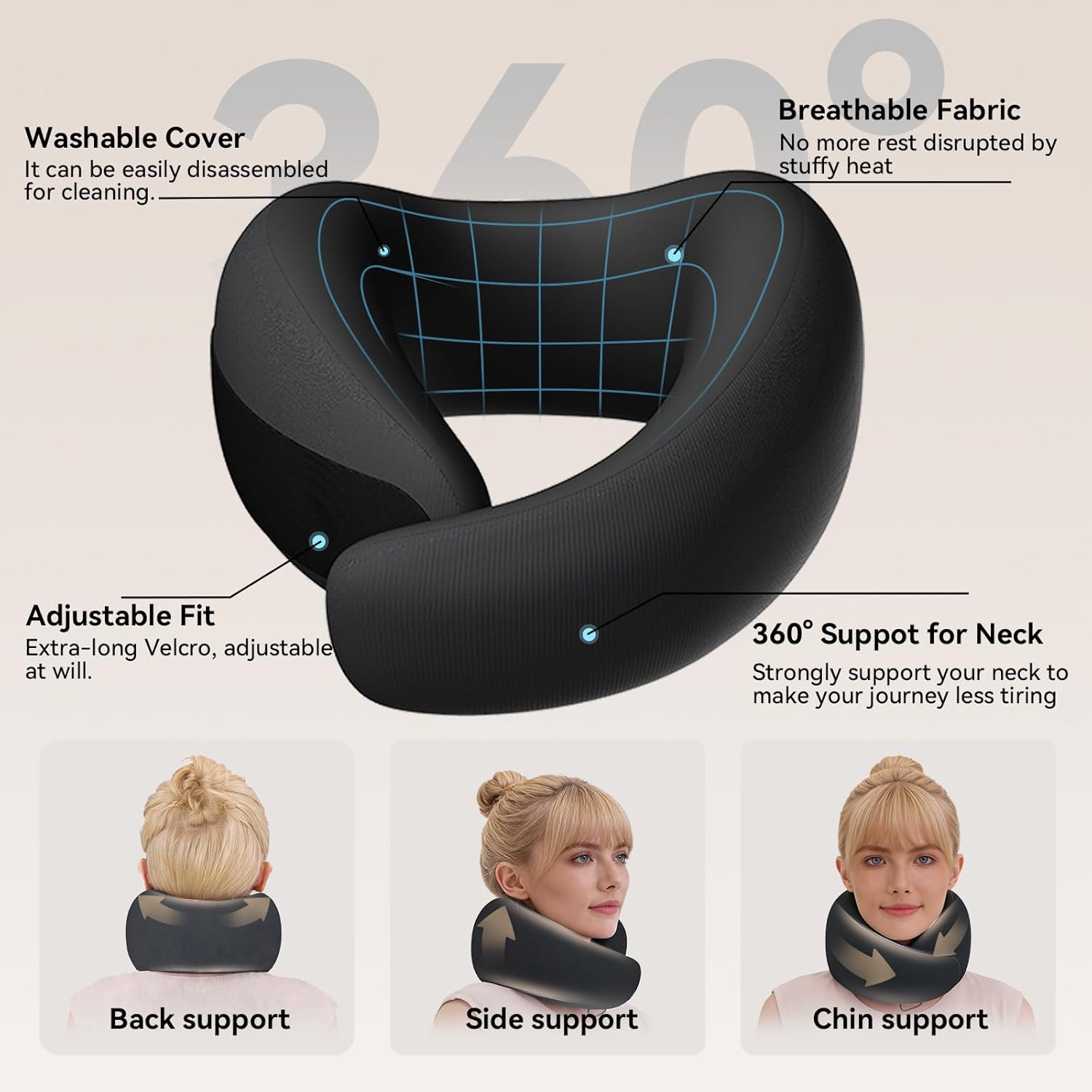 Travel Pillow - Memory Foam Neck Pillow Airplane, Neck Travel Airplane Pillow for Long Flight, Portable Travel Essentials, 360º Ergonomic Support, Machine Washable, Black - Image 3