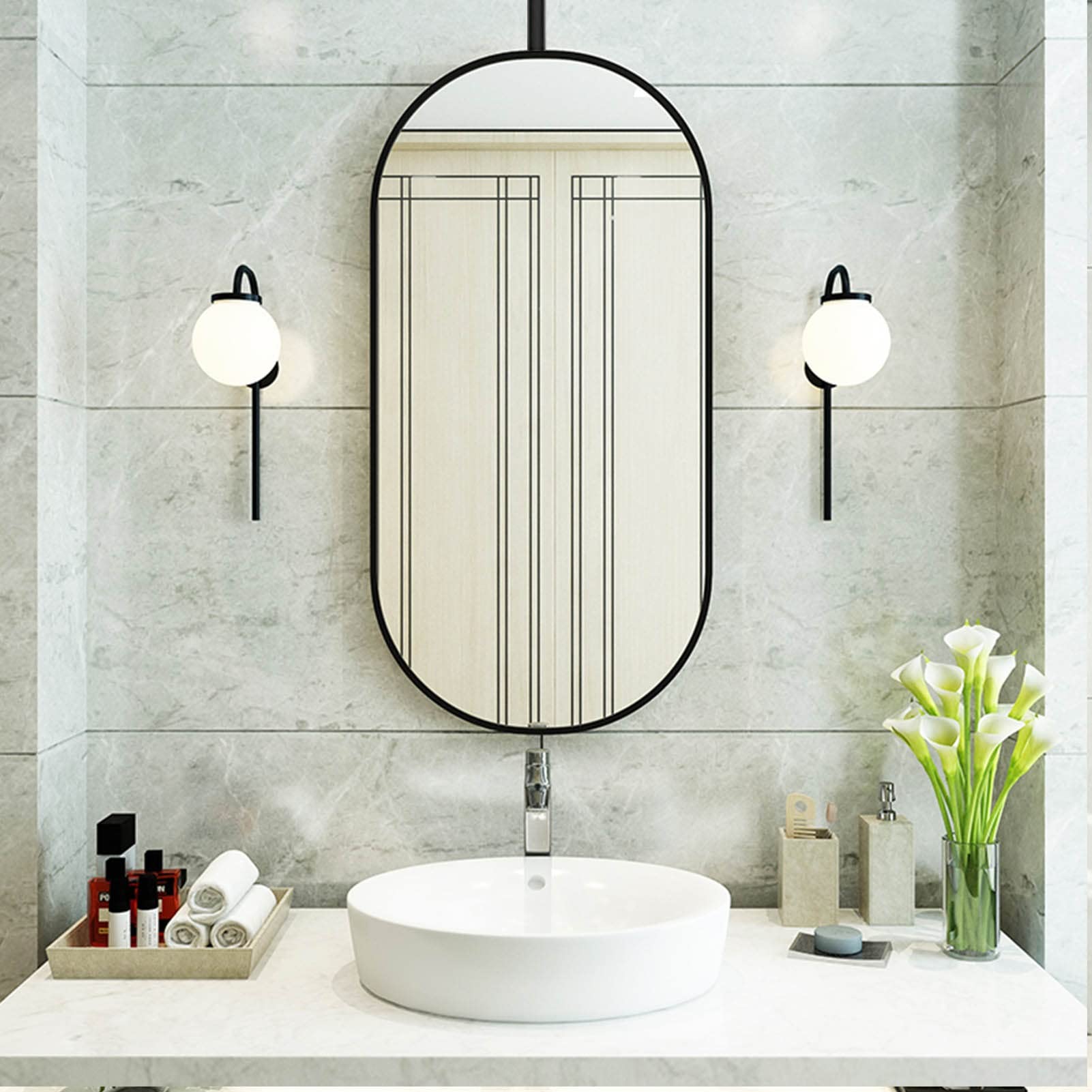 Specchio per Il Trucco Ovale per Il Trucco della casa Specchio Decorativo Creativo, con Struttura in Metallo e Specchio a Braccio Appeso al soffitto per Il Soggiorno del Bagno - Nero
