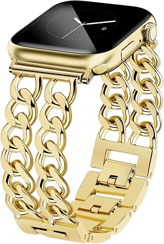 Miniatura 1 de JR.DM Correas de reloj doradas para mujer compatibles con Apple Watch Band de 1.654 in 1.732 in 1.772 in 1.929 in, correa de metal ajustable de