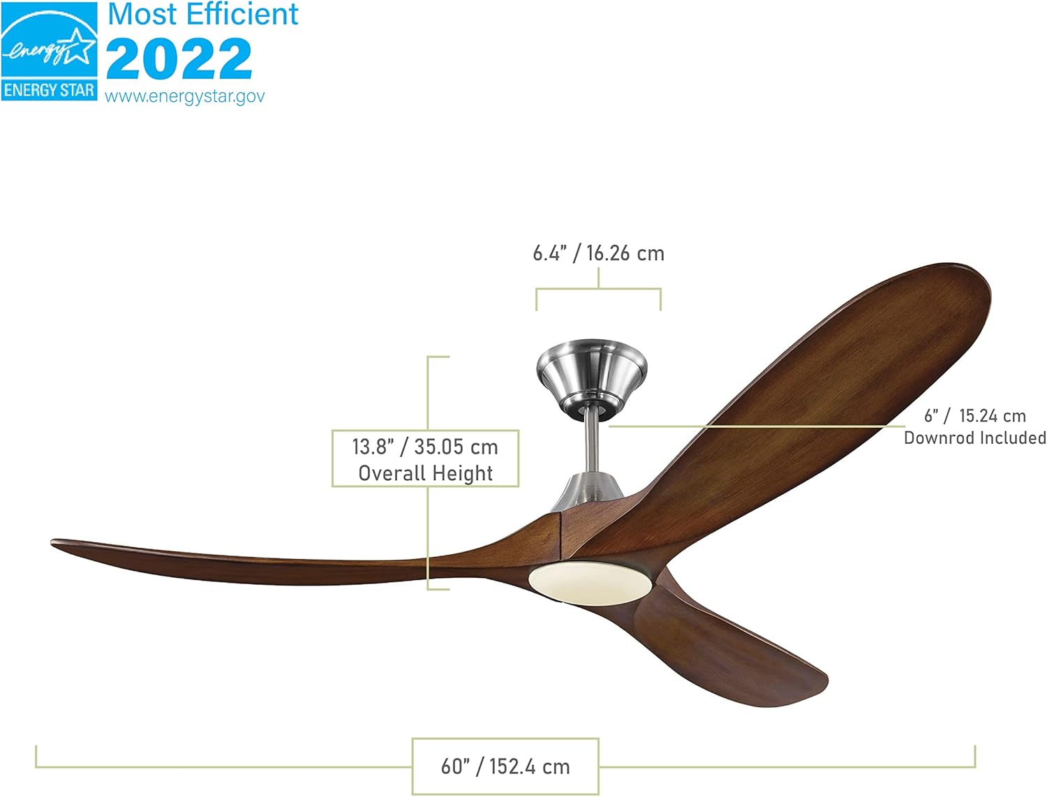 Monte Carlo 3MAVR60BSKOAD Maverick Modern Energy Star 60" Ceiling Fan with LED Light and Hand Remote Control, 3 Balsa Wood Blades, Brushed Steel