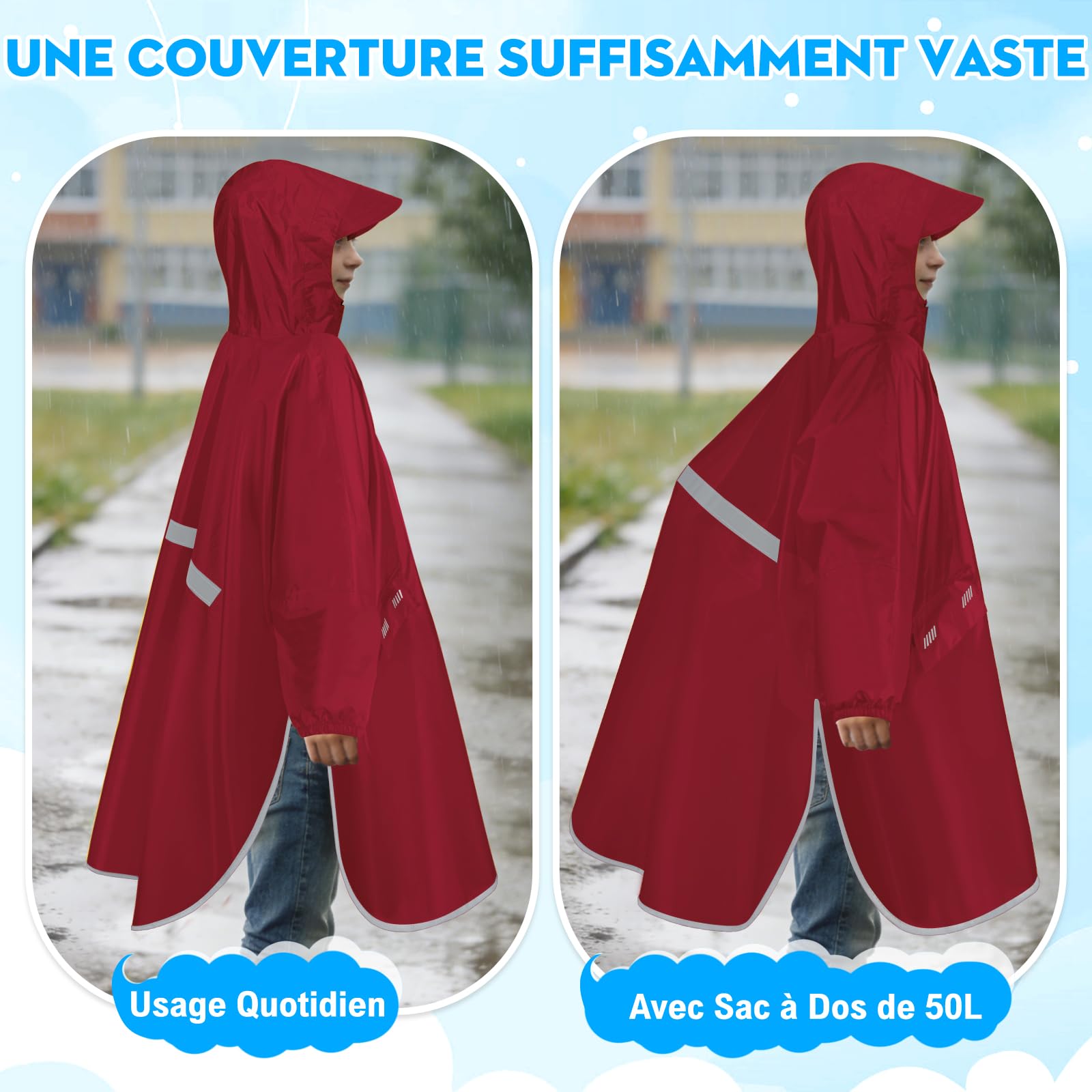 Poncho Pluie Enfant Poncho de Pluie Imperméable Garçons Filles Réutilisable Léger Cape De Pluie Capuchon Manches Réfléchissante Cape De Pluie Unisexe Pour Va à L'école Randonnée Voyage