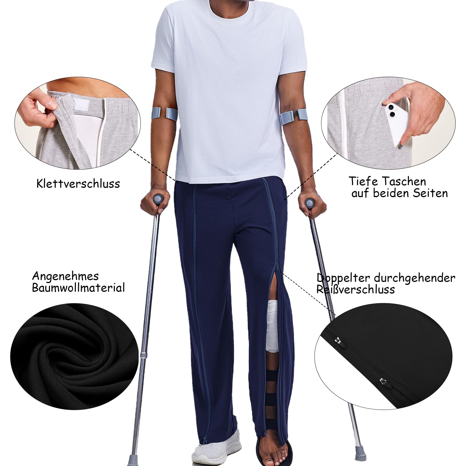 PINSPARK Pants da Recupero Pantaloni Sportivi Lunghi da Uomo con Cerniera Completa Pantaloni in Cotone strappabili Allenamento Larghi con Apertura Laterale e Tasche