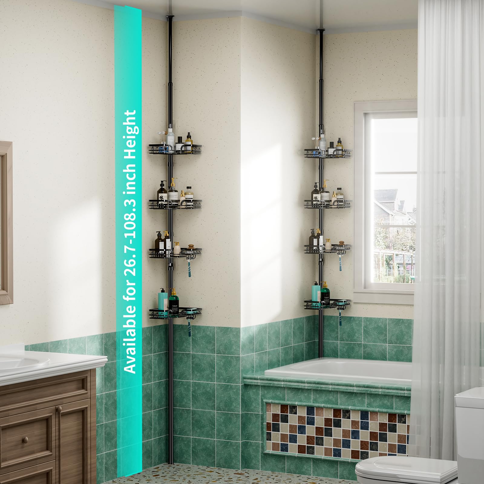 HapiRm Organizador de ducha esquinero, resistente al óxido y al agua, con soporte para jabón, barra de tensión extensible de 104.3 a 113.8 pulgadas, color negro