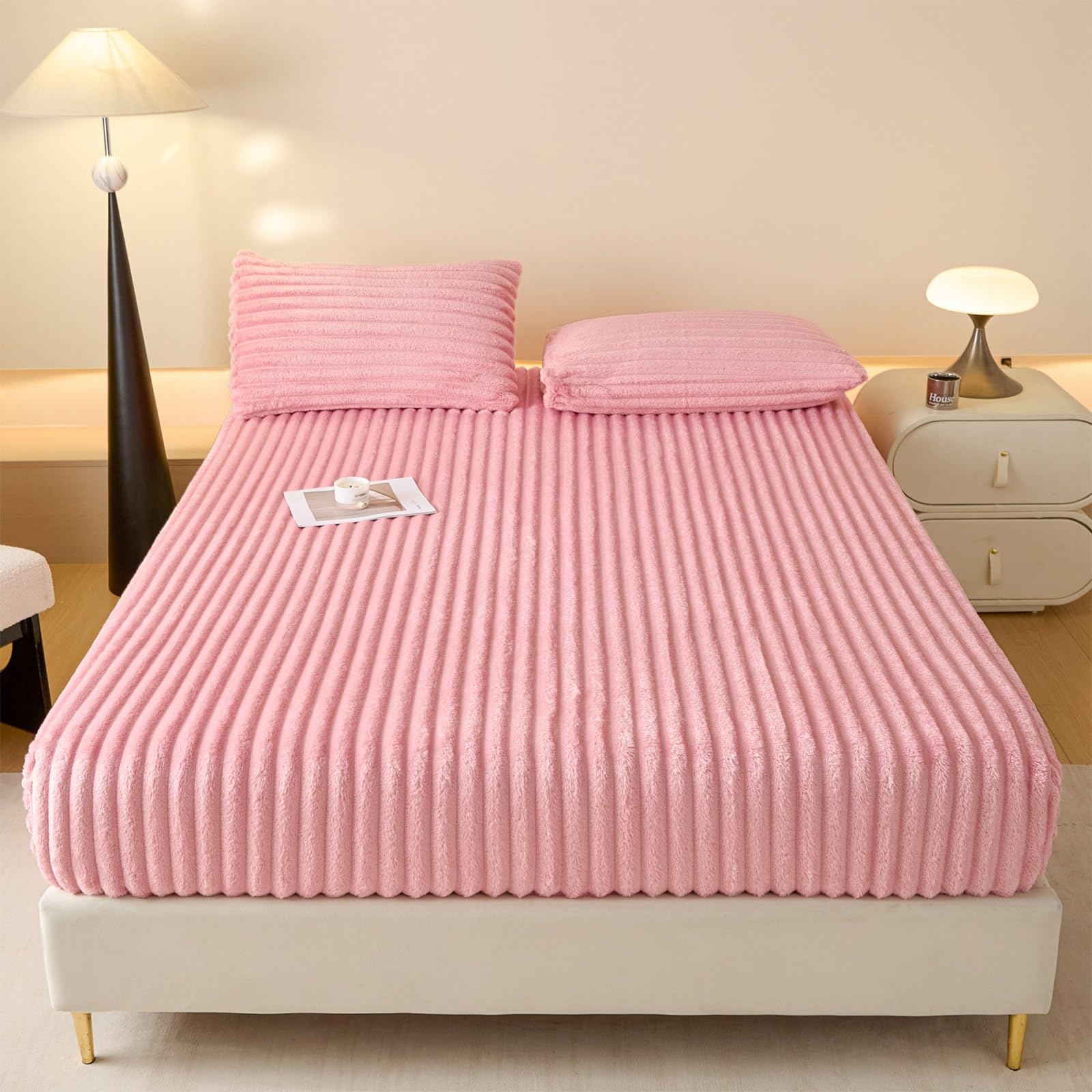 Plüsch Spannbettlaken Cord Bettlaken Winter Leintuch Flauschig Bettbezug Warm Spannbetttücher Spannleintuch Spannbetttuch(Light pink,180x200cm)