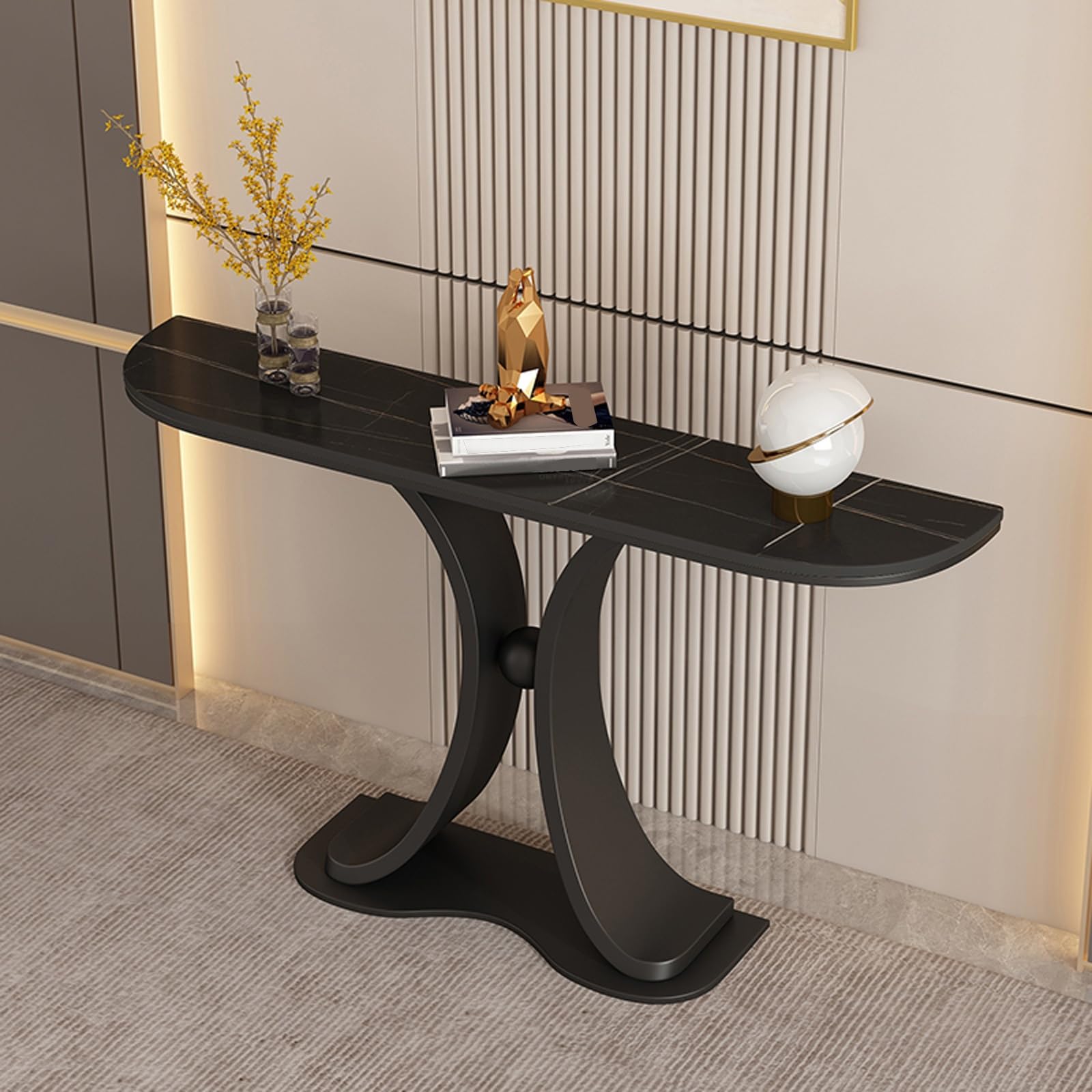 Elegante Mesa Consola Estrecha de Estilo Industrial de 150 cm (59") - Tablero de mármol y Base geométrica de Metal, Entrada, el recibidor, la Sala de Estar y la decoración m