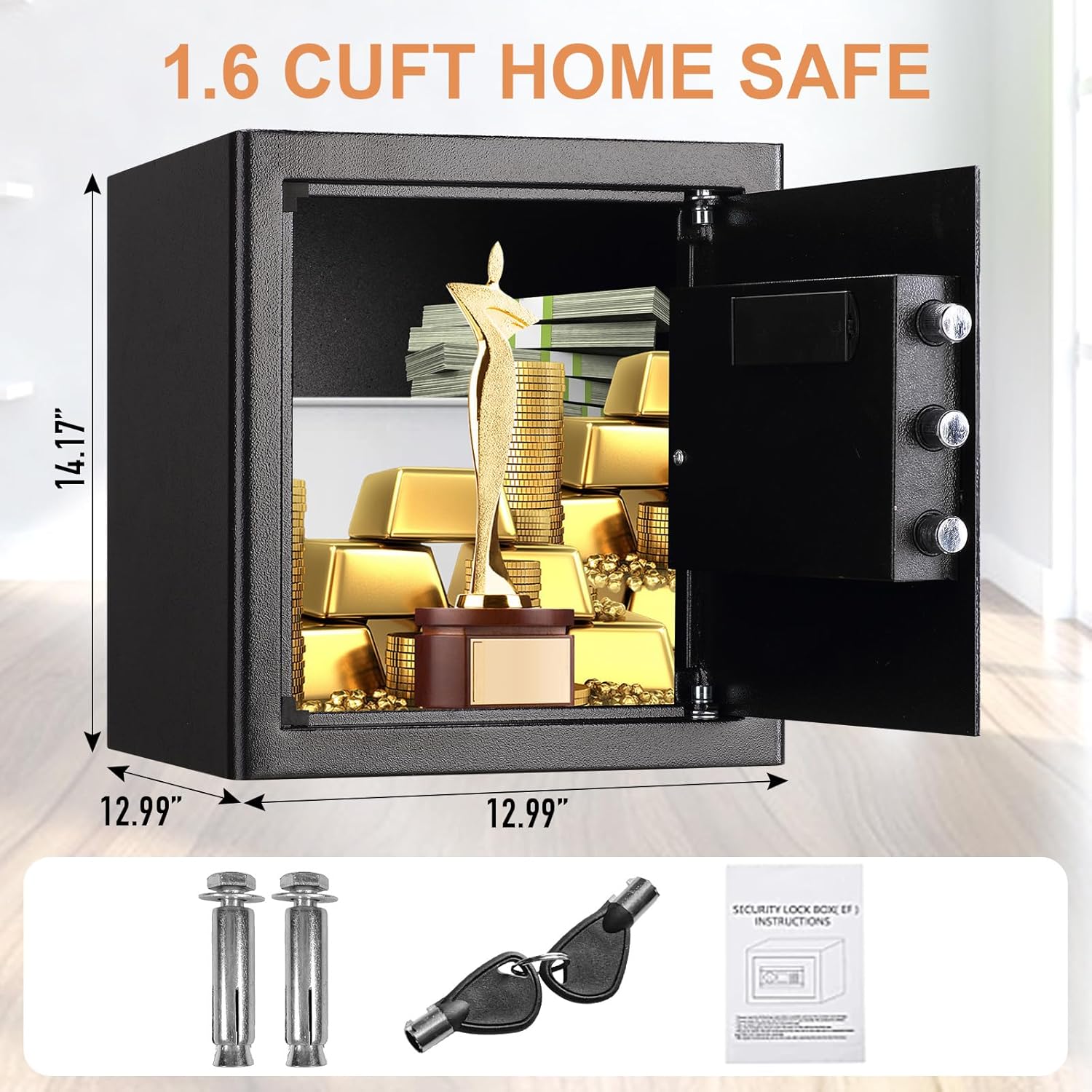 tenamic safe box 1.6 cuft fireproof waterproof home safe, keypad medium lock box cabinet safes, solid alloy steel office hotel home safe, black