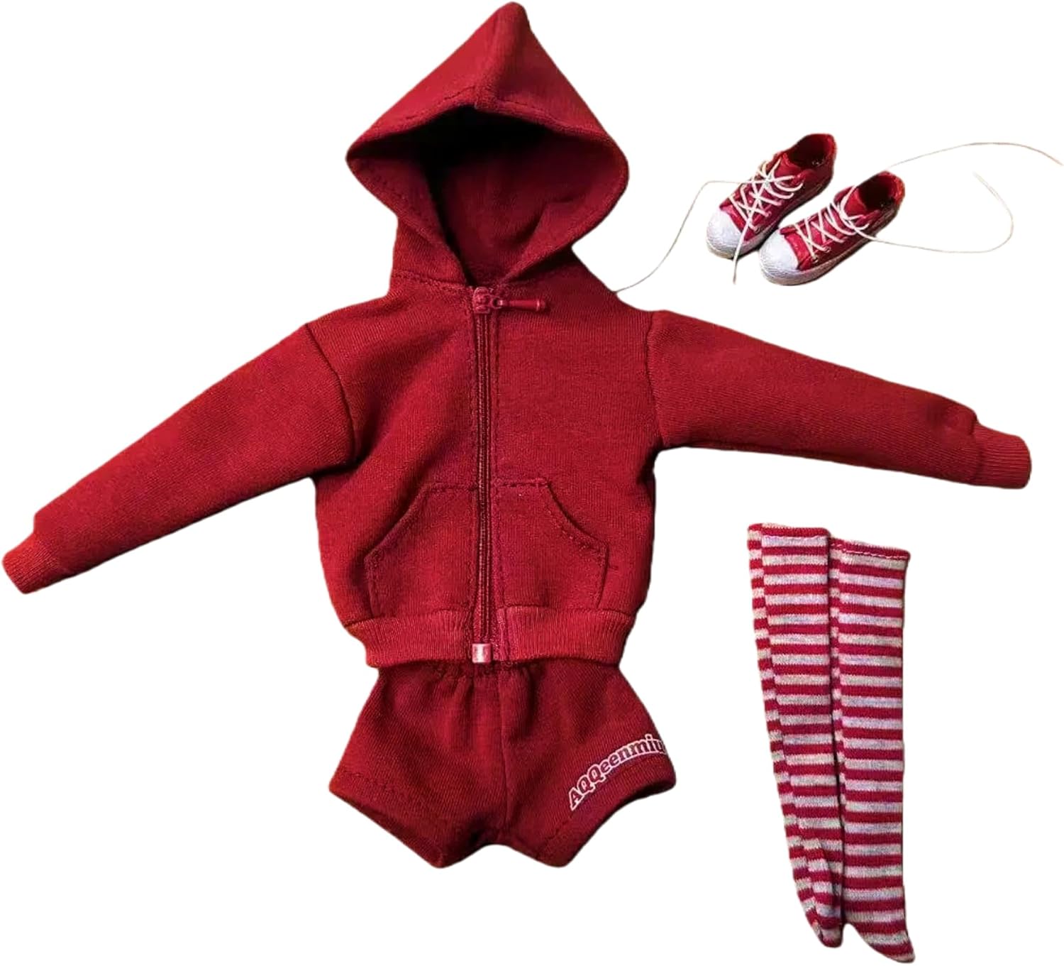 Fashion Doll Outfit Set, Burgundy Hoodie with Shorts, Striped Socks and Sneakers, Handmade Designer Clothes for 11.5-12 Inch 1/6 Scale Female Dolls