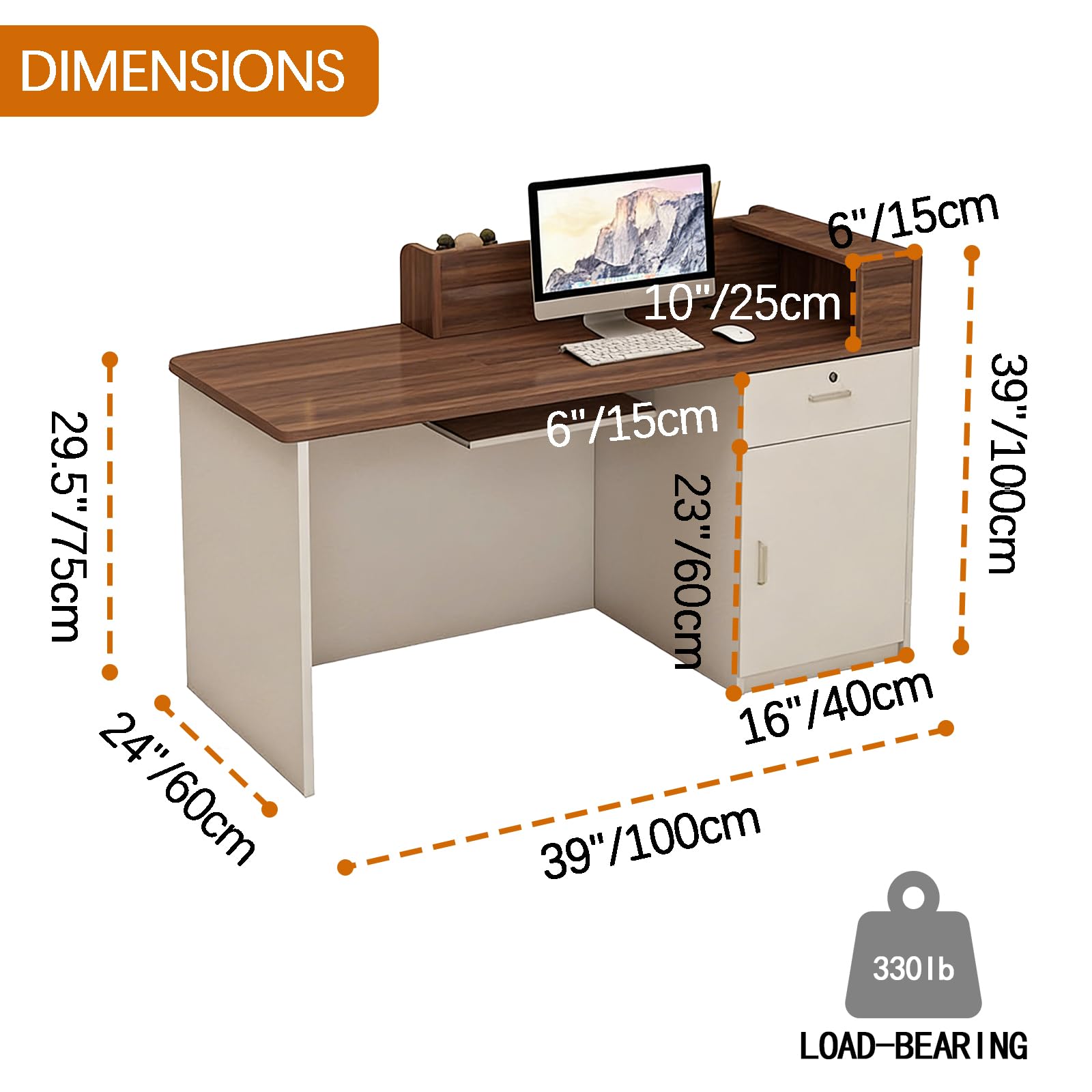 Escritorio moderno de iones con bandeja para teclado y estantes con cerradura de luz LED, elegante mostrador para hoteles, empresas, espacios minoristas, 100 x 60 x 100 cm