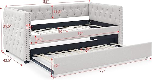 Miniatura 2 de Sofá cama de día con nido, tamaño individual, tapizado, capitoné, con botón y clavos de cobre, muebles para dormitorio, sala de estar, habitación de