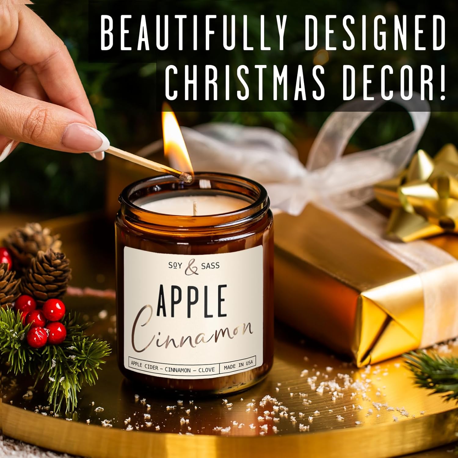 Apple Cinnamon Candles, Cinnamon Apple Candle - 'Apple Cinnamon' Infused w/Essential Oils I Scented Strong Soy Candles for Home for Christmas/Fall I Apple Pie Candle I 50Hr Burn, Made in USA