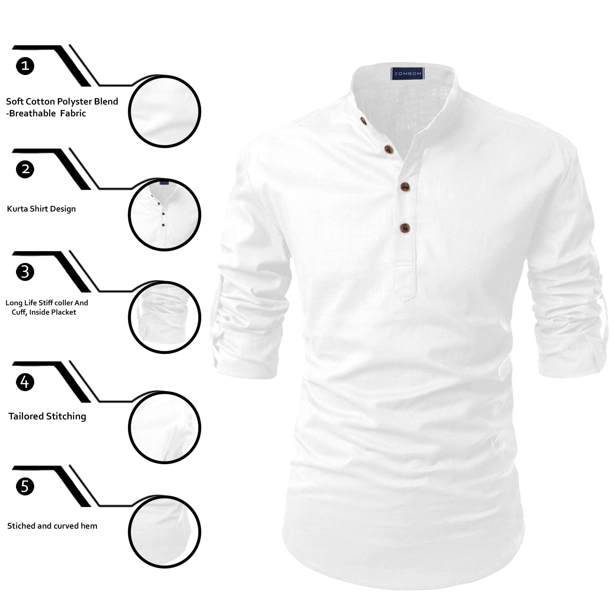 Zombom Camicia da uomo in misto poliestere misto cotone manica lunga stile mandarino/stile cinese