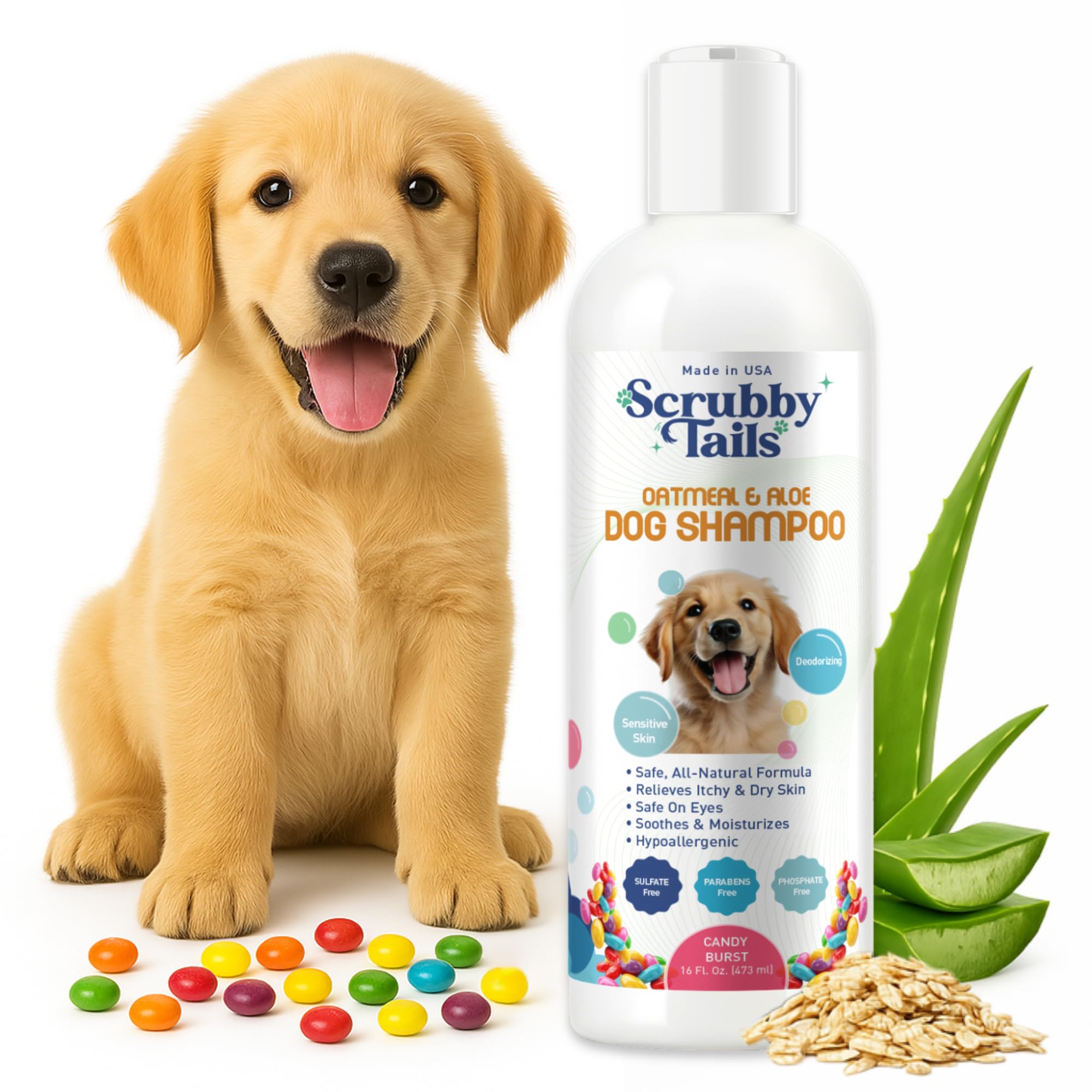 Scrubby Tails Organic Dog Shampoo - Puppy Oatmeal Shampoo for Itchy Skin Relief - Hypoallergenic for Sensitive Skin, for Dogs of All Ages, Deodorizes,