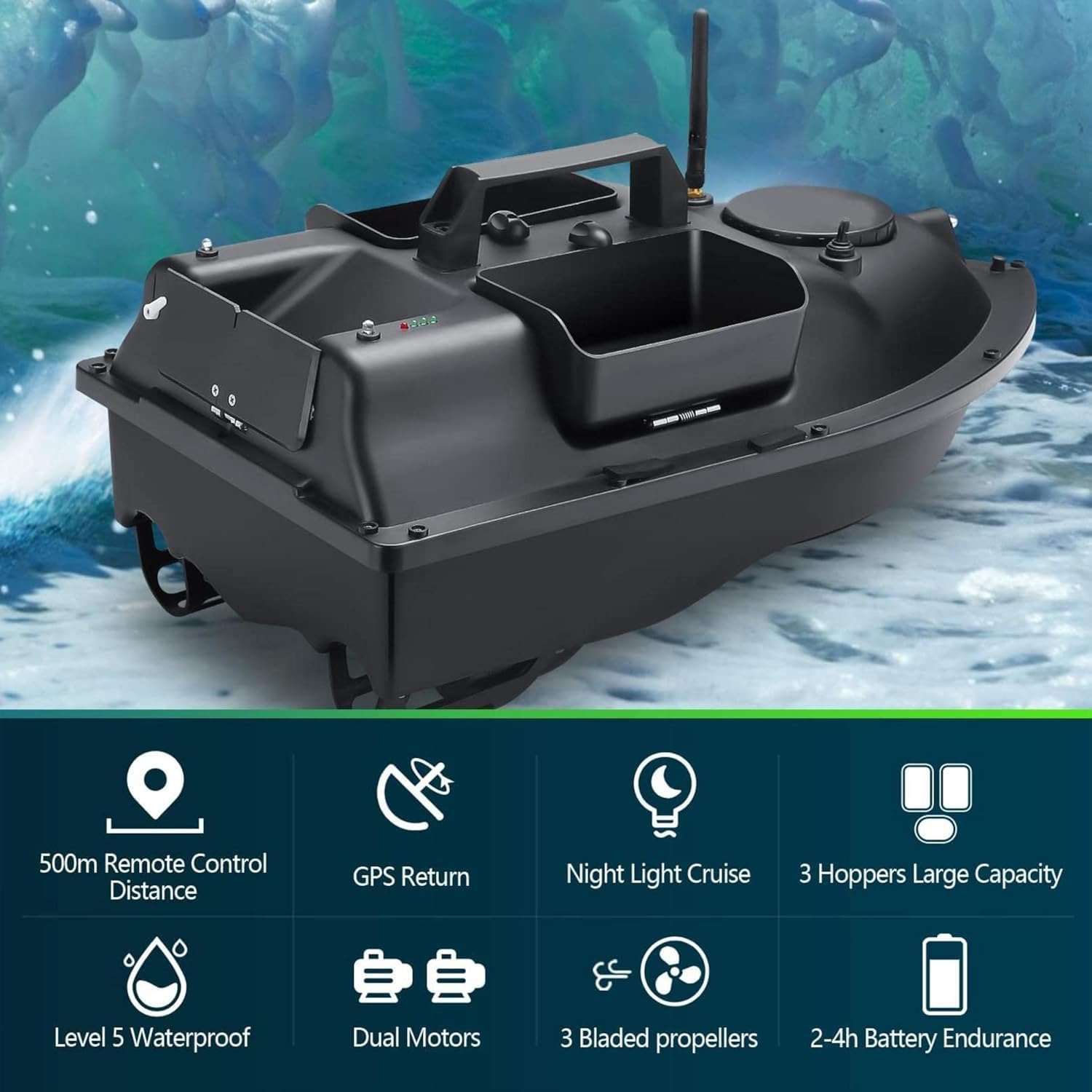 500m GPS Pesca Esca Barca con 3 Catapulta Tipo Bait Hoppers Carp Fishing Bait Boat Carp Hook Post Boat, Fish Finder con Sensore Sonar, Black Boat