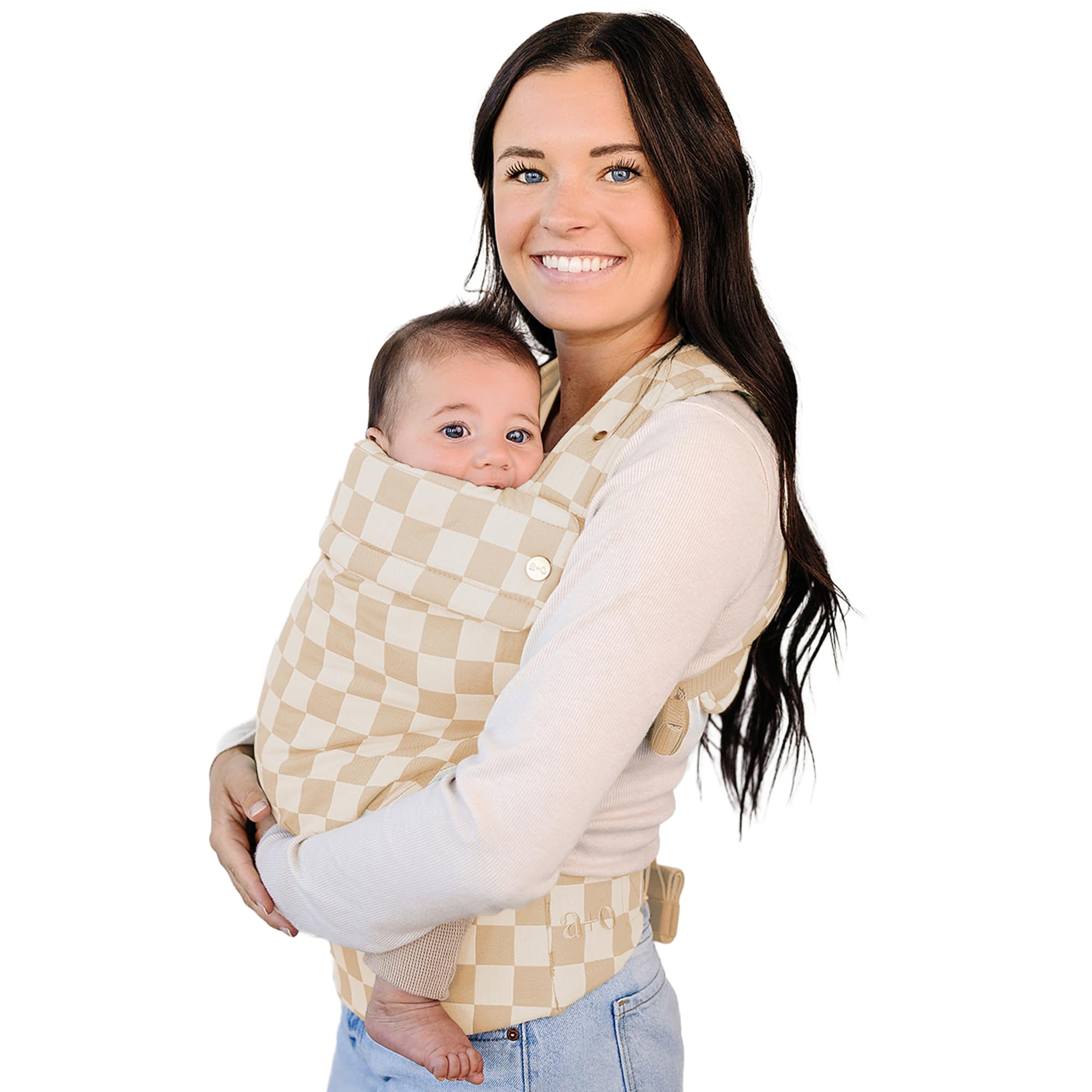 Ava & Oliver Essential Baby Carrier – Ergonomic, Hip-Healthy Soft Structured Carrier for Infants & Toddlers (7–35lbs) - Front and Back Carry, Breathable Fabric, Stylish & Lightweight (Almond Check)
