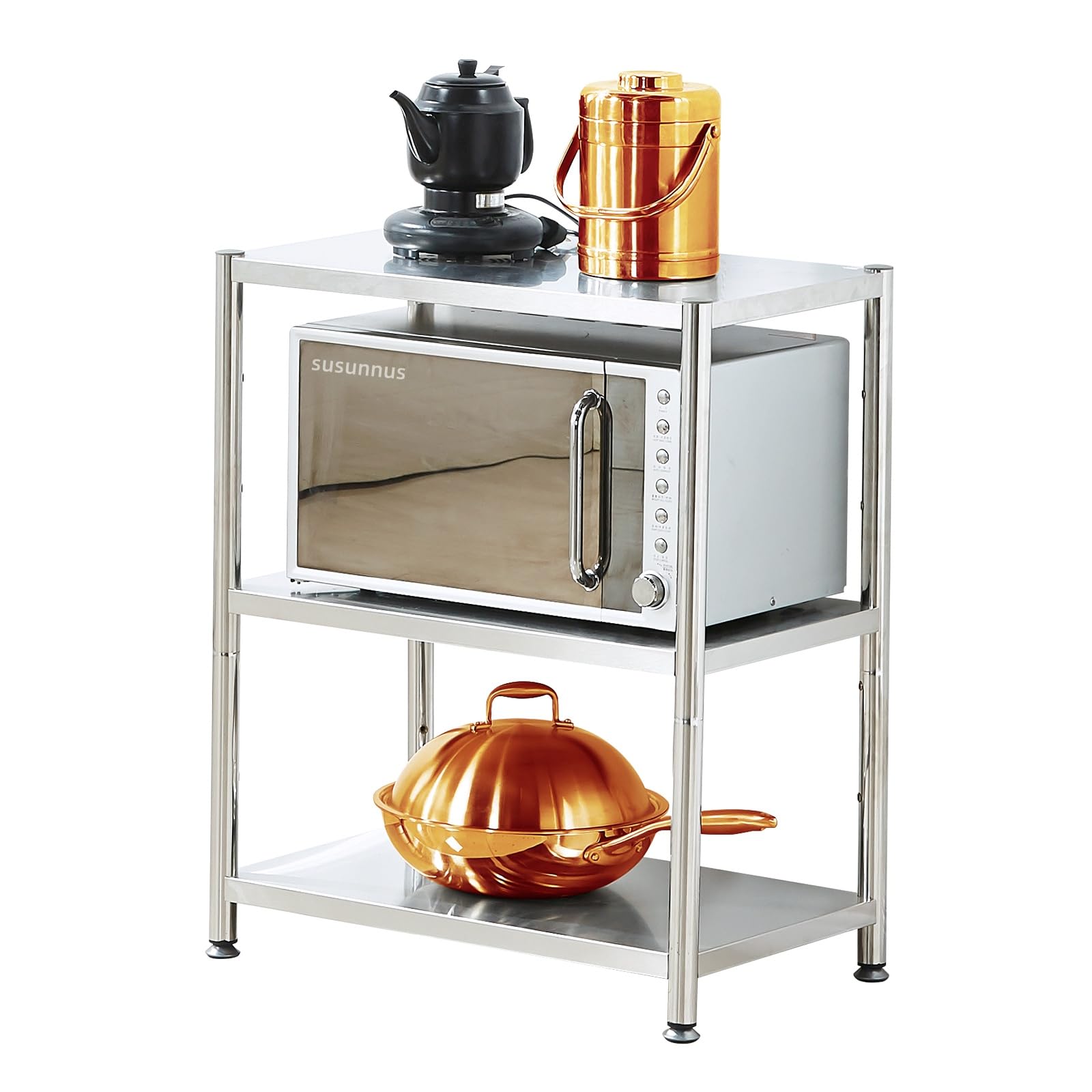 Photo 1 of susunnus 3-Tier Stainless Steel Shelf, Heavy Duty Shelving for Kitchen, Garage, Industrial Storage, Kitchen Shelves Adjustable Feet, Easy to Clean(3T-24.8in*15.8in(Without guardrails))