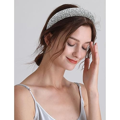 Miniatura 2 de SuPoo Diadema de diamantes de imitación para mujeres y niñas, diadema gruesa de pera, diadema ancha brillante, diadema plateada con cuentas,