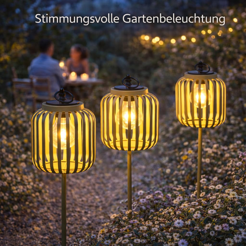 formano 3er Set Solar Gartenstecker Windlicht Solarleuchten mit LED-Birne & Dämmerungssensor Metall Gartenbeleuchtung IP44 für Garten Beet & Terrasse dekorative Solar Lampen Höhe 87 cm Ø16 cm