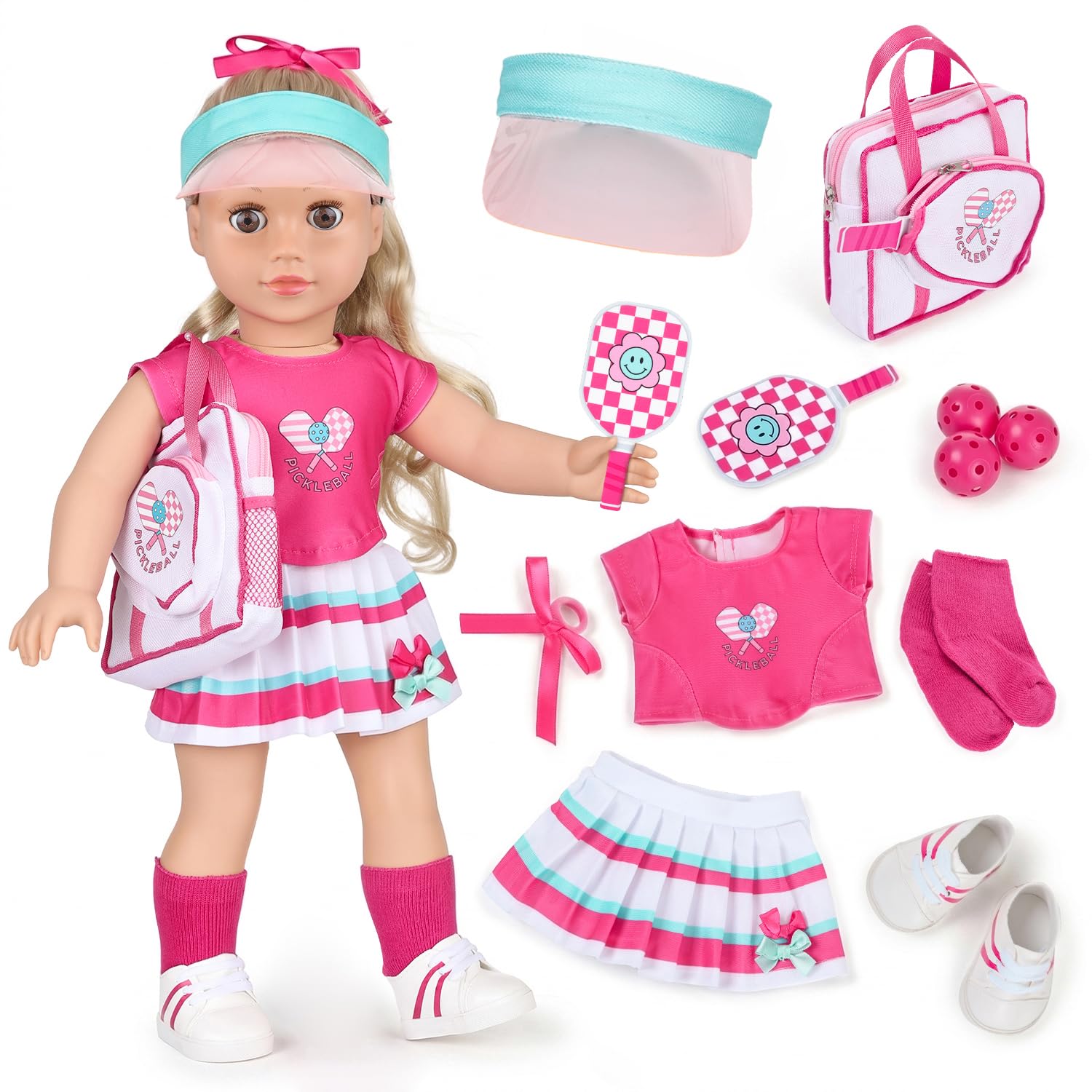 Ecore Fun 18 Inch Doll Clothes and Accessories, 12 Pcs Pickleball Sport Set | 18 Inch Doll Pickleball Kit, 3 Pickleballs, 2 Paddles, Sunhat, Bag, Top, Skirt, Shoes, Socks, Hair Tie, Doll Not Included