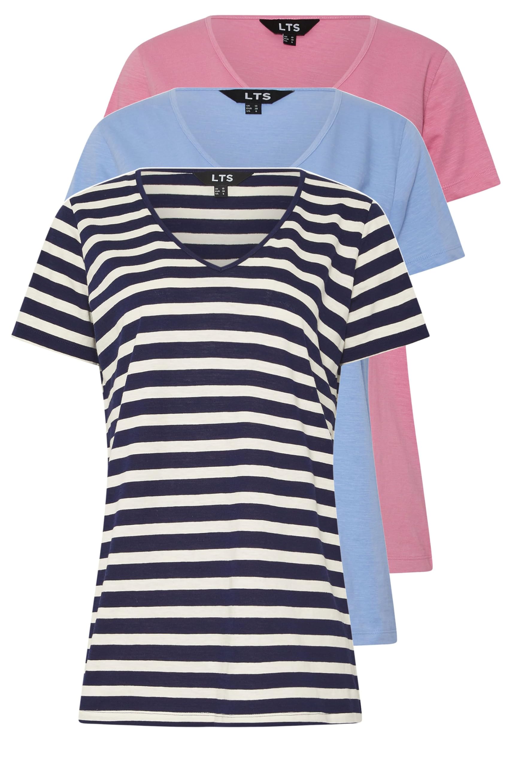Long Tall Sally Women's Blue Tall 3 Pack Stripe V-Neck T-Shirts Size 18