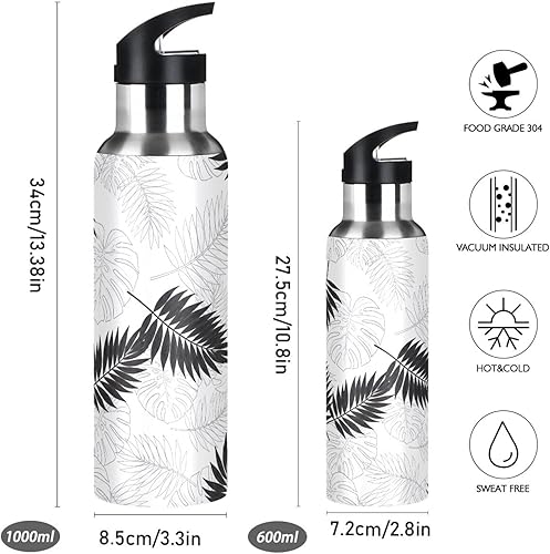 Miniatura 2 de Botella de agua con aislamiento de hojas de palma tropicales, color negro, 32 onzas, sin BPA, botella de agua deportiva a prueba de fugas