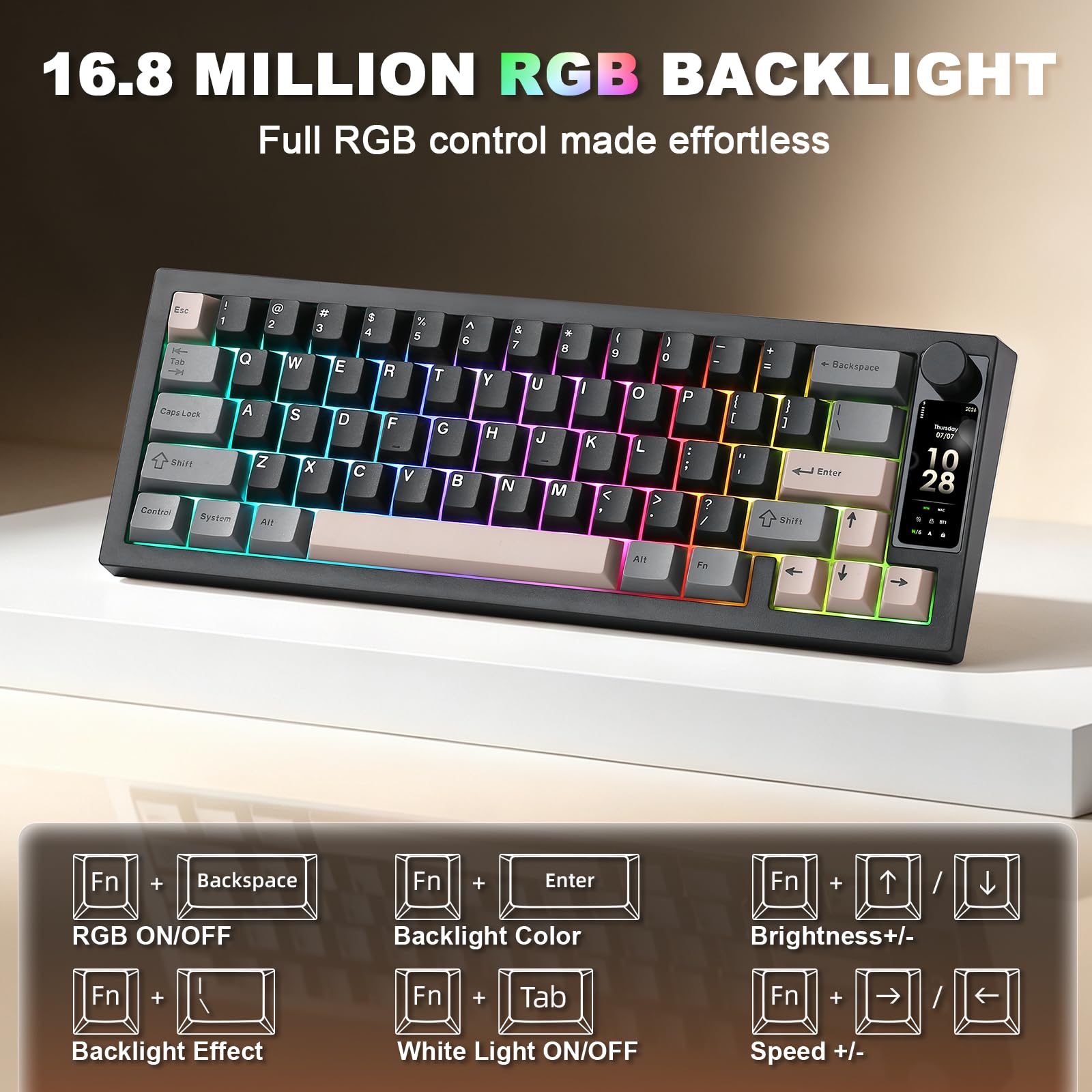 YUNZII IF68 Teclado Mecánico Gaming Inalámbrico QMK/Via (Negro, Milk V2) | 65% Pantalla TFT con Perilla, Bluetooth/2.4G/USB-C, Hot Swap, PBT, Retroiluminación RGB, US ANSI, para Mac/Win
