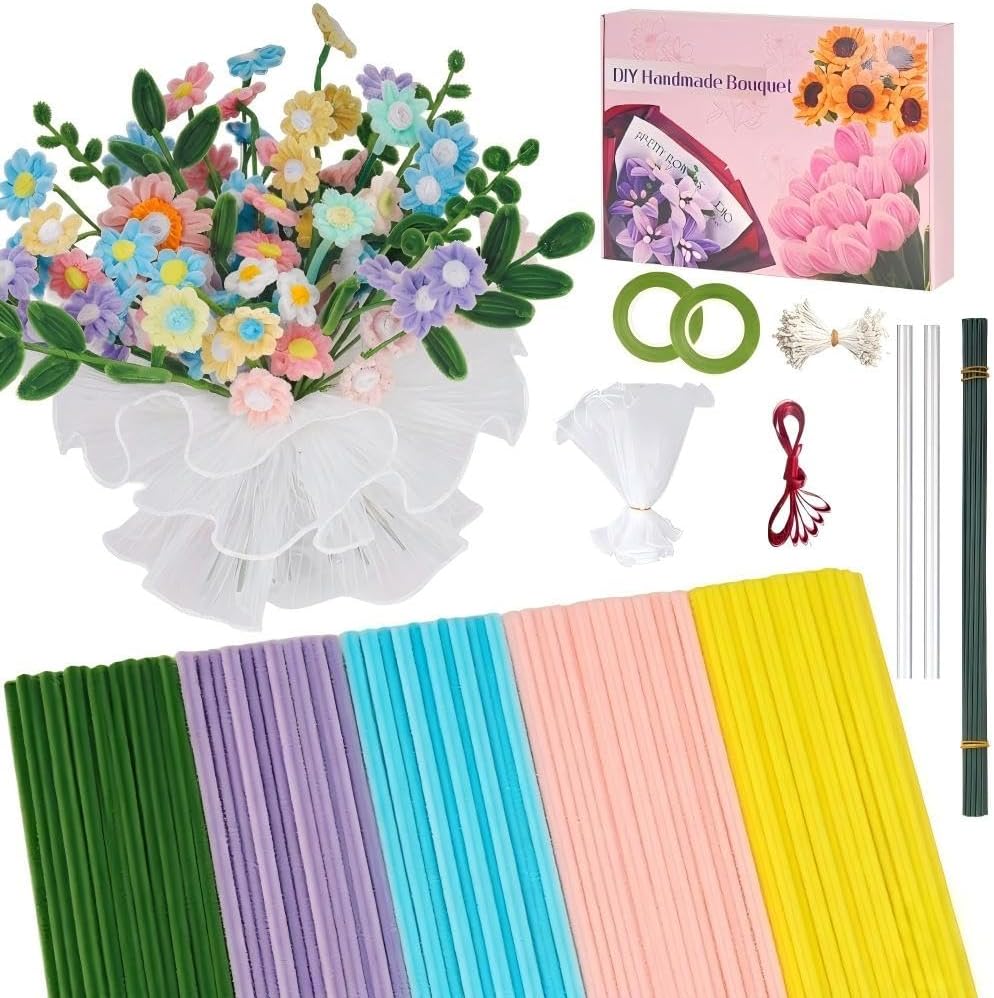 SZXYMUQI 500pcs Pipe Cleaners Craft Kit, 20 Stems DIY Carnation with Wave Gauze & Ribbon - Non Shedding Chenille Stems for Floral Arrangement - Mother's Day Bouquet Crafts for Adult Women