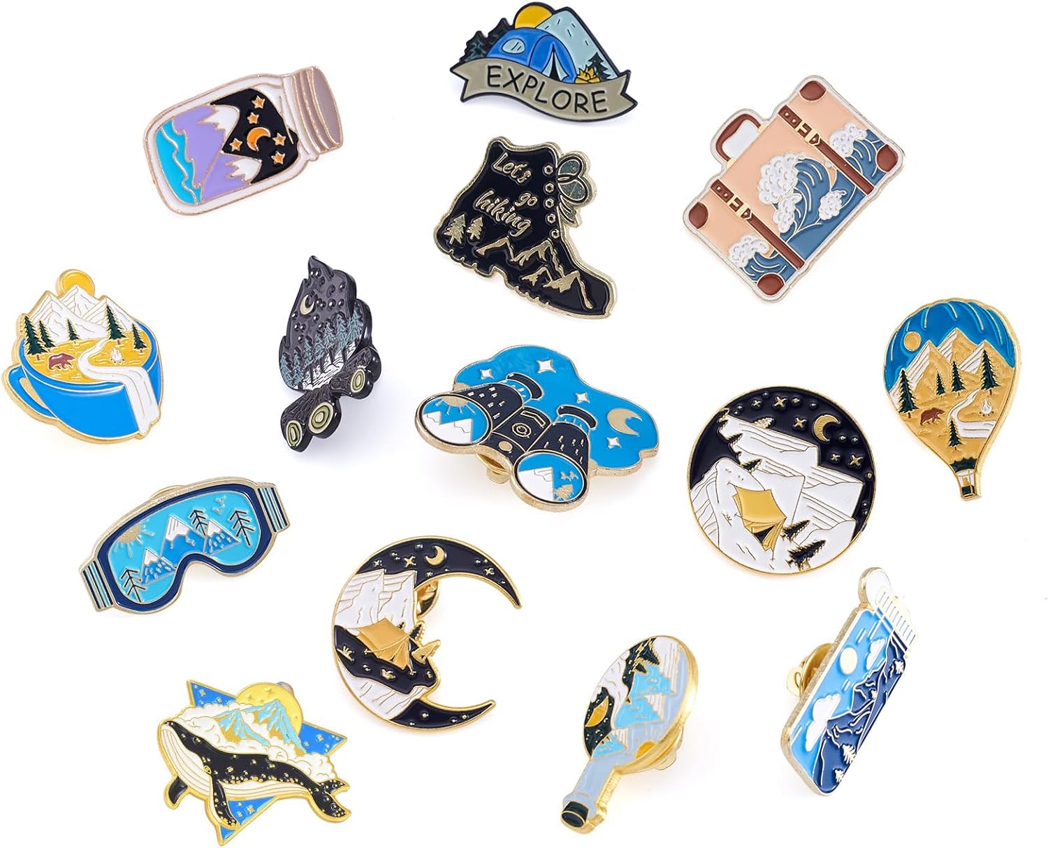 Pandahall 14Pcs Outdoor Theme Zinc Alloy Enamel Brooches, 14 Styles Cartoon Hot Air Balloon Mountain Moon Lapel Brooch Enamel Pin Set for Clothes Bags Decor