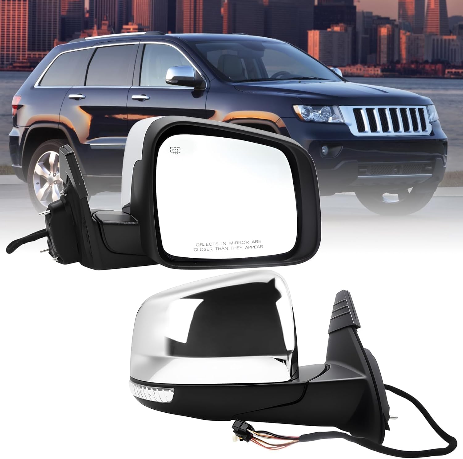 Chrome Right Side Mirror Assembly 11Pins Compatible with 2011-2016 Grand Cherokee with Heated Turn Signal Memory 57010704AJ (Right Passenger Side)