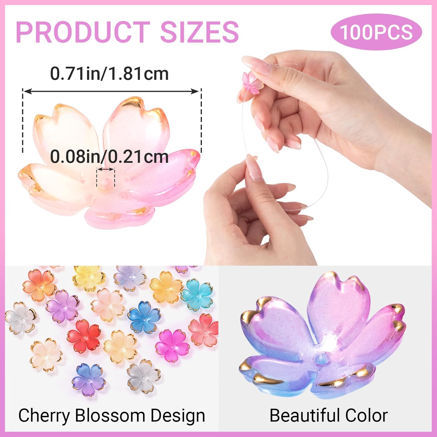 100 Pcs Flower Beads for Jewelry Making, Gold-Plated Flower Charms, Cherry Blossom Beads, Acrylic Floral Beads for Crafts, Bracelets (Multiple Colors) - Image 2