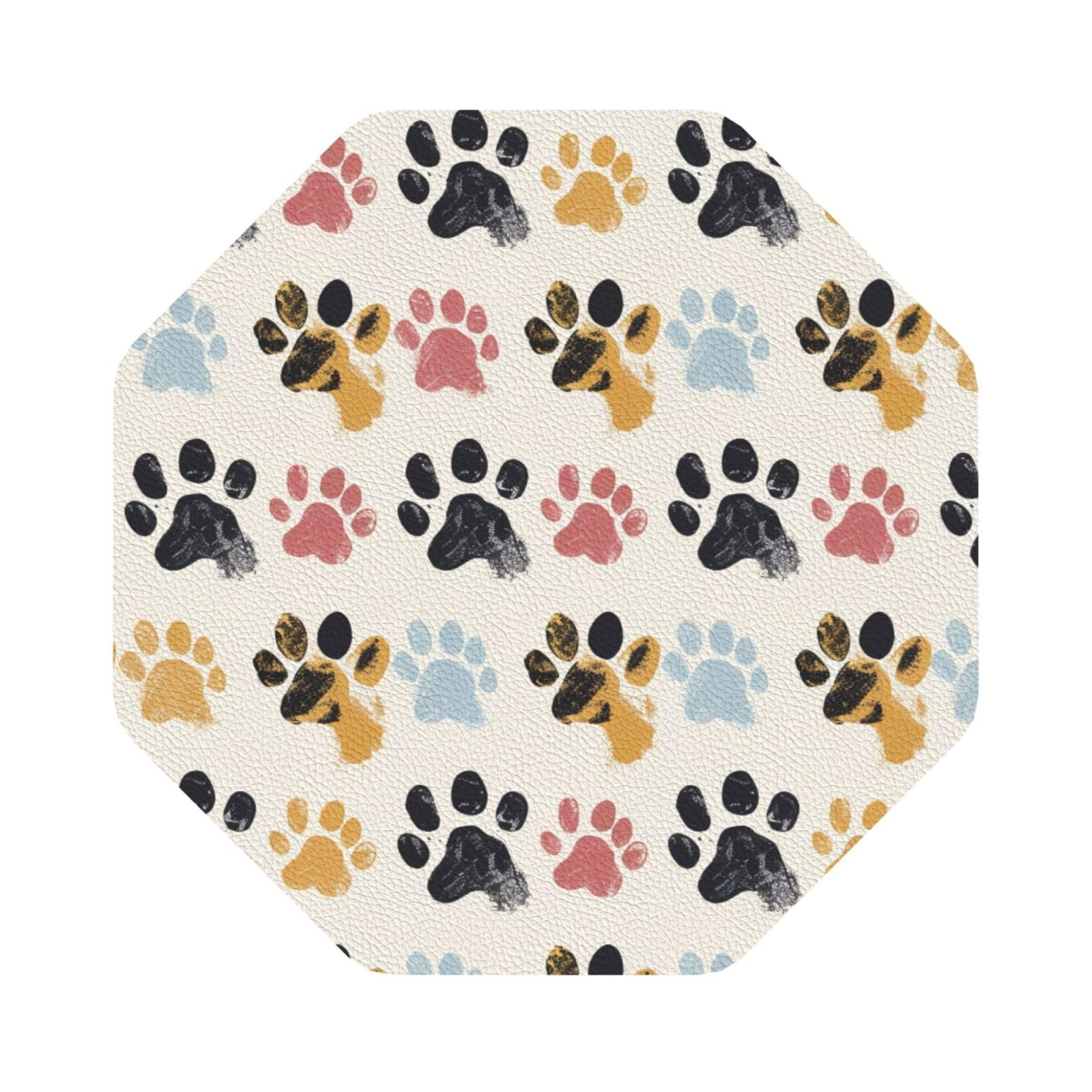 Dog Paw Pattern Print Leather Coaster Set of 6, Octagon Coasters Table Decorative Coffee Cup Beverage Coasters Wine Beer Bar Coasters for Hot Drinks Table Protection