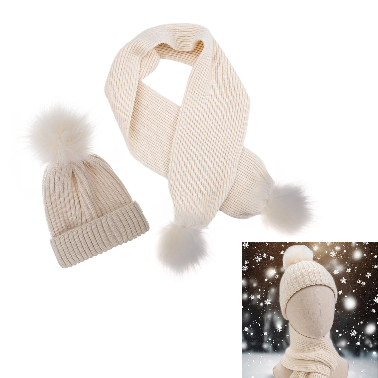 WEISUYUUS Kids Knitted Bonnet and Scarf Set with Plush Decors for 2 to 6 Year Boys Girls Solid Color Warm Hat & Long Muffler