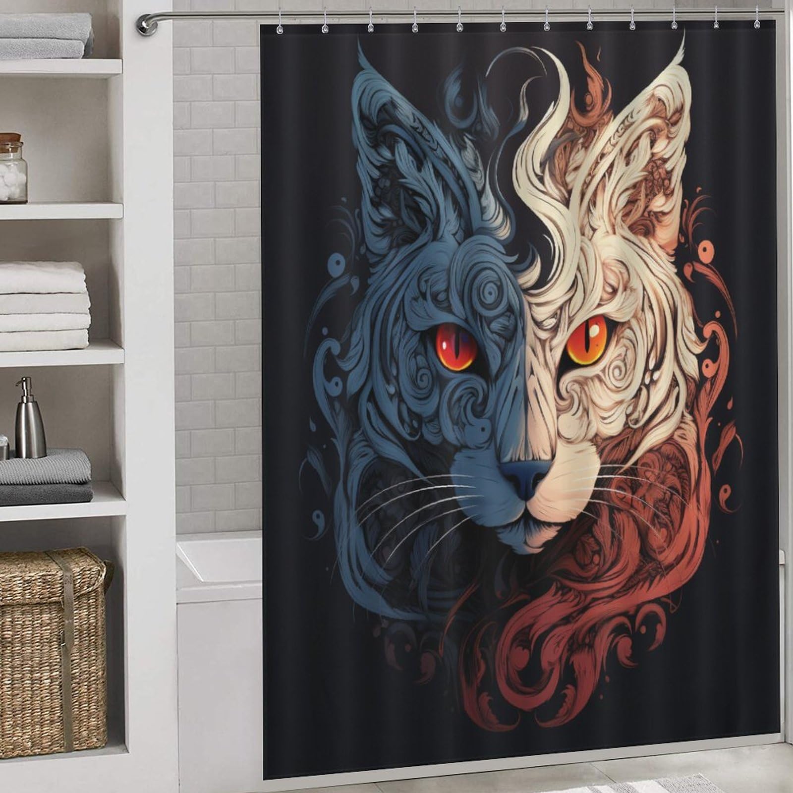 Rideau de douche chat en tissu polyester lavable avec 12 crochets inclus