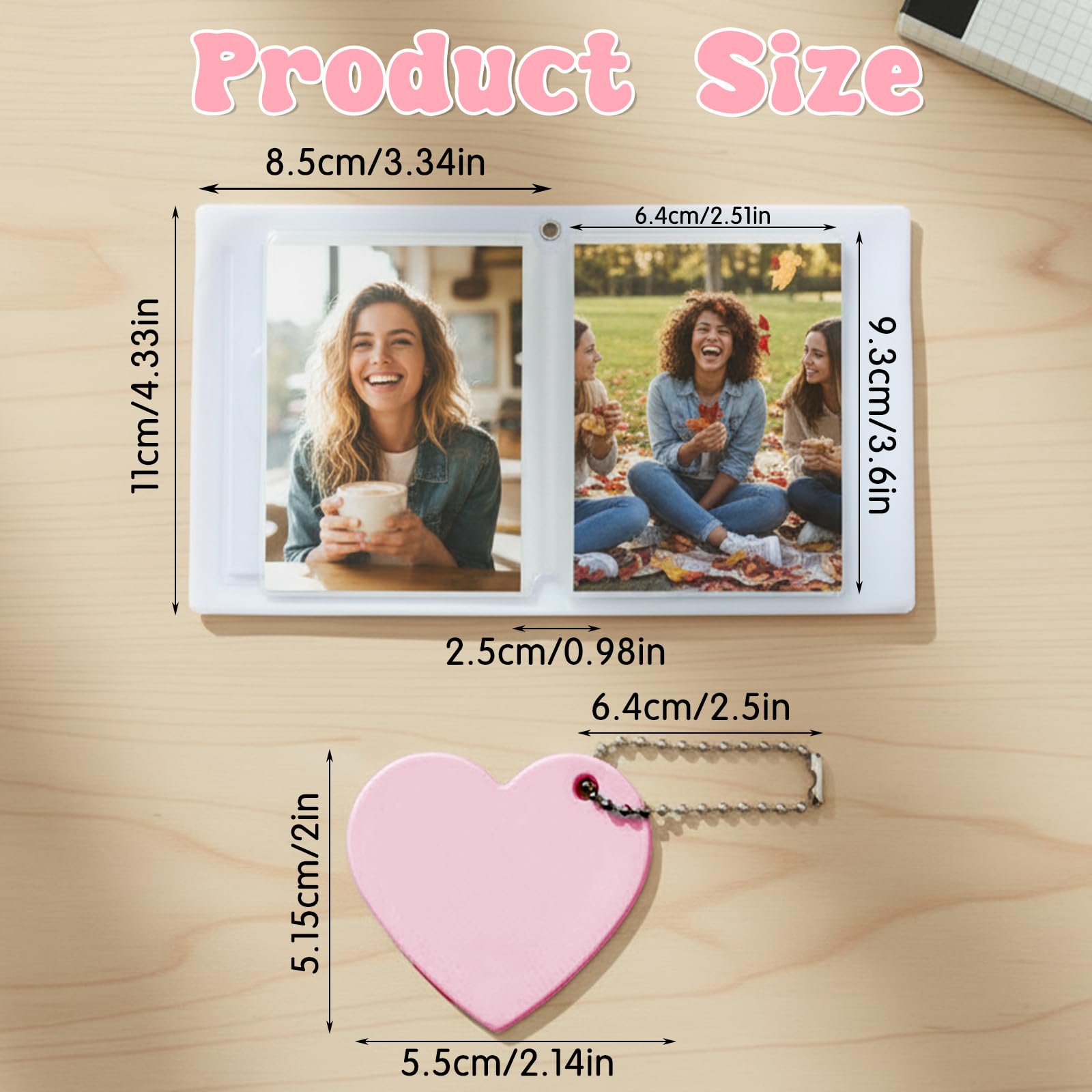 Mini segregator na fotokartki, album 7,6 cm, segregatory na karty z wydrążonym sercem, etui na fotokartki, album fotograficzny z 32 kieszeniami, wisiorek w kształcie serca (różowy)