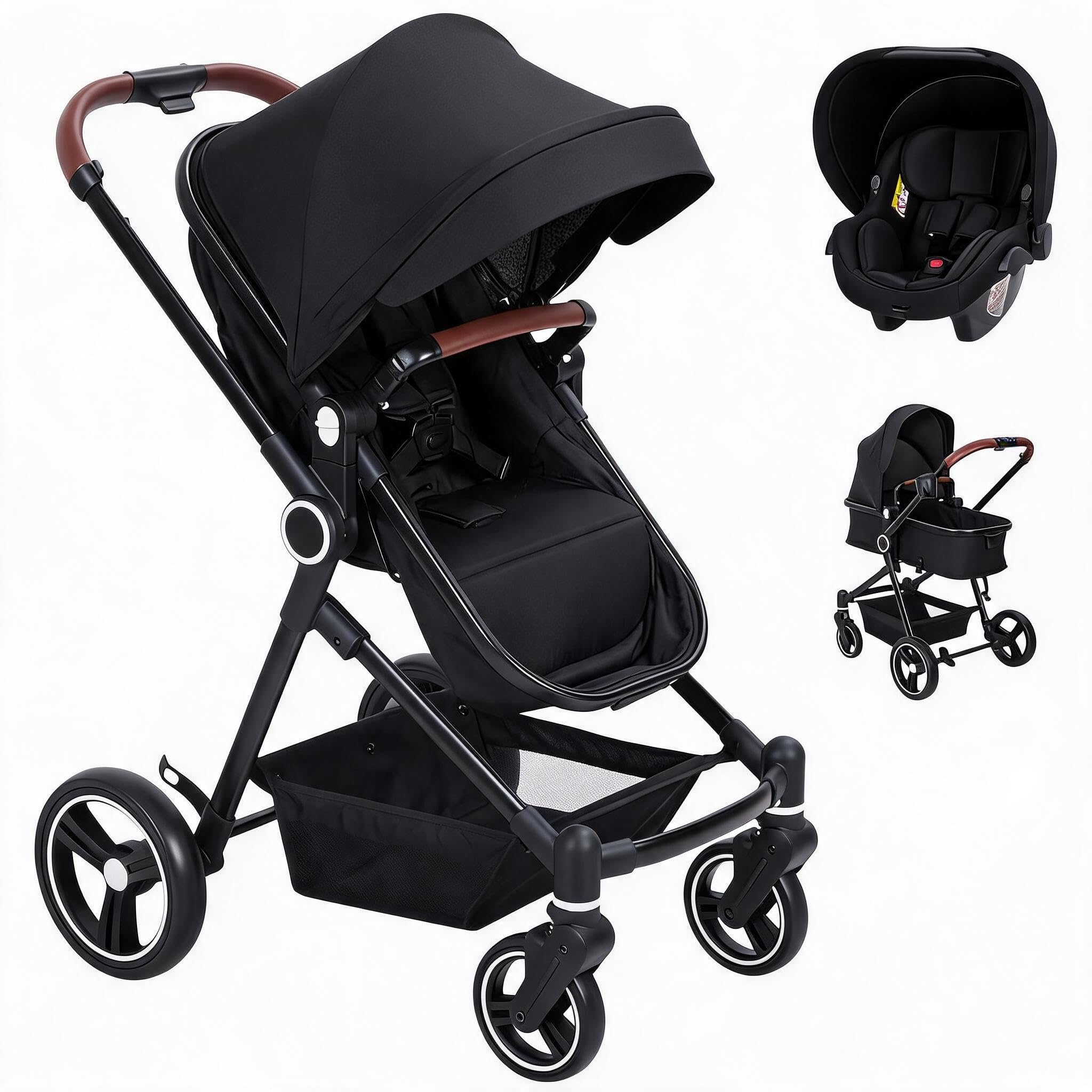 GarveeHome Kinderwagen 3 in 1 Kombinationskinderwagen von Geburt bis 26 kg (0-36 Monate) mit Babywanne, Sportwagenaufsatz & Babyschale, höhenverstellbarer Griff, große Ausziehhülle, Schwarz