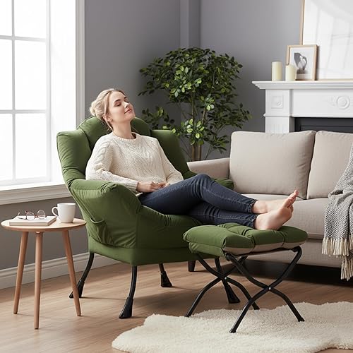 Miniatura 7 de Welnow Silla Lazy con otomana, moderna silla de lectura con reposabrazos y bolsillo lateral, juego de sofá perezoso tapizado de ocio con reposapiés