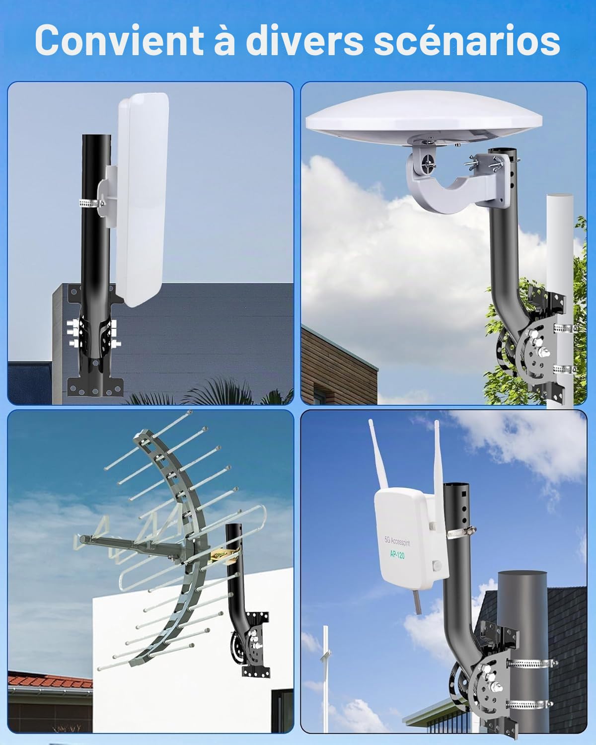 Poteau d'antenne renforcé - Tige J-Tube en mât plein (3,5 cm x 30 cm), idéale pour les installations sur les murs, les gouttières ou les toits. Compatible avec les points d'accès externes et les