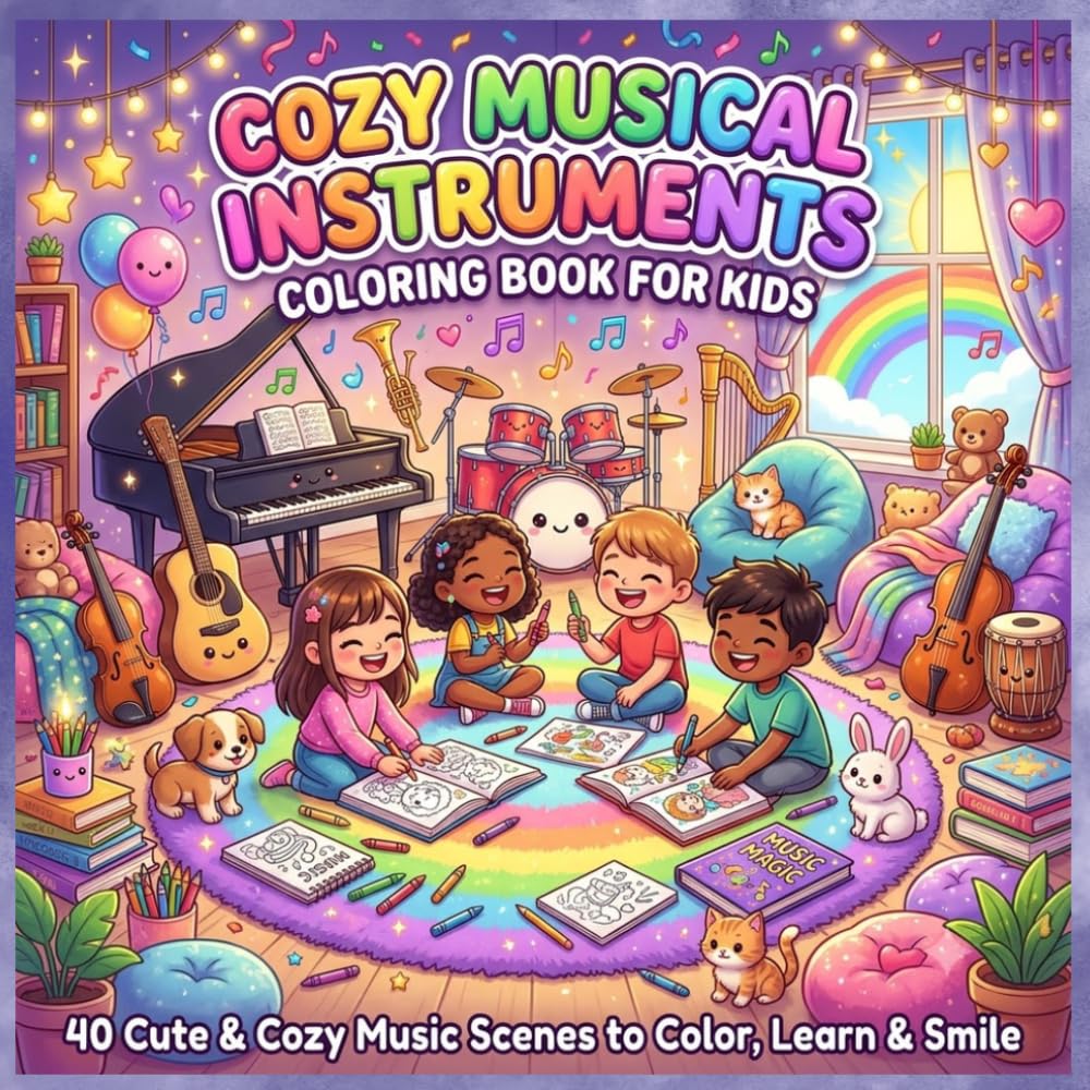 Cozy Musical Instruments Coloring Book for Kids: 40 Fun & Easy Instrument Coloring Pages for Creative Kids