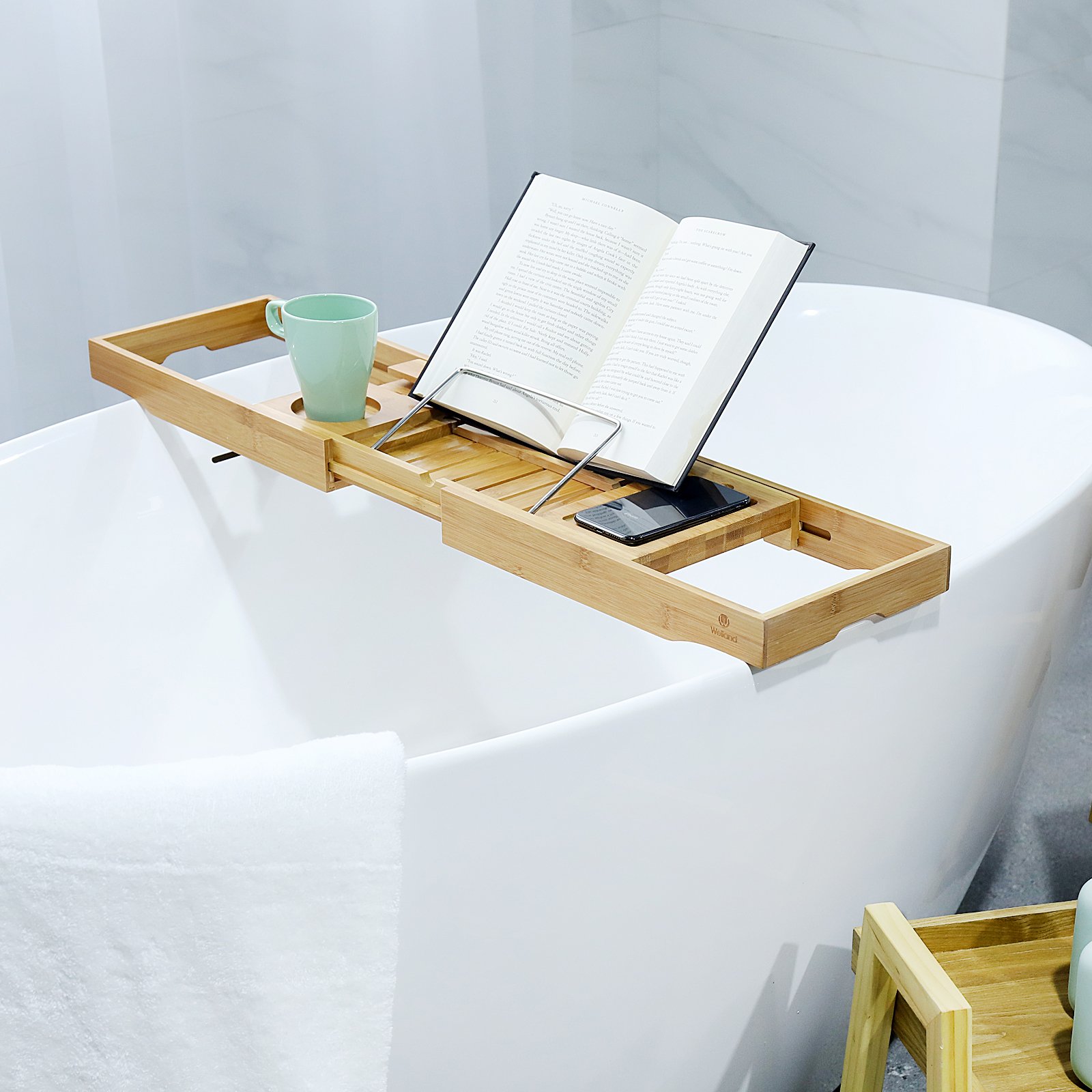 WELLAND Bathtub Caddy Bamboo Bath Tray with Adjustable Extending Sides
