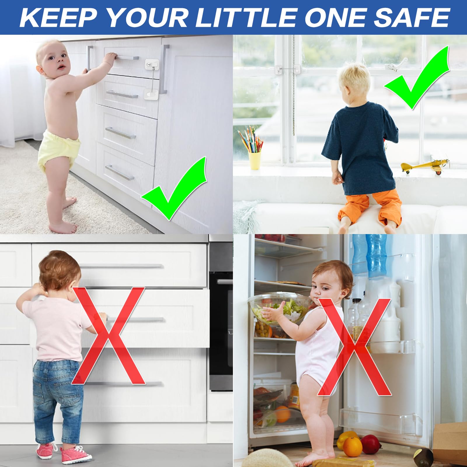 Securite Fenstersicherung für Kinder, Sicherheitstür, 10 Stück mit 10 Schlüsseln, für Kinder, leistungsstark, selbstklebend, für Tür, Kühlschrank, Schrank, Fenster, Schubladen, Blöcke (quadratisch)