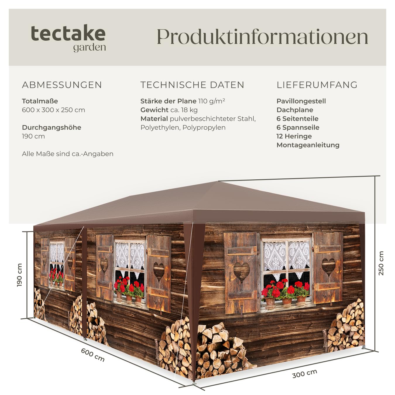 tectake® Garten oder Festival Pavillon, Zelt, Almchalet 3D Design, mit 6 Seitenteile, Partyzelt für Terrasse, Unterstand für Gartenmöbel, Event Shelter, Verkaufsstand (3x6 m)