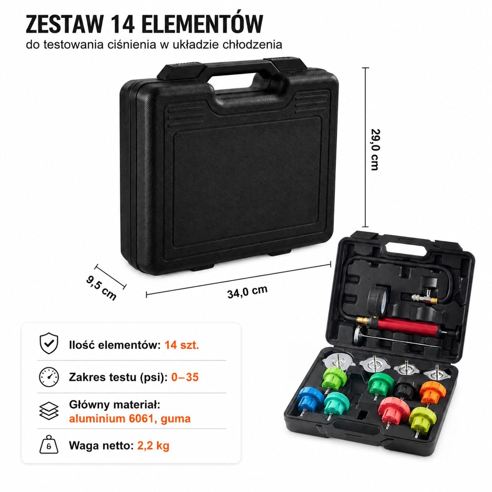 14-częściowy zestaw do testowania ciśnienia płynu chłodniczego z termometrem, 4 metalowymi adapterami i 8 korkami, urządzenie do napełniania oraz odpowietrzania chłodnicy
