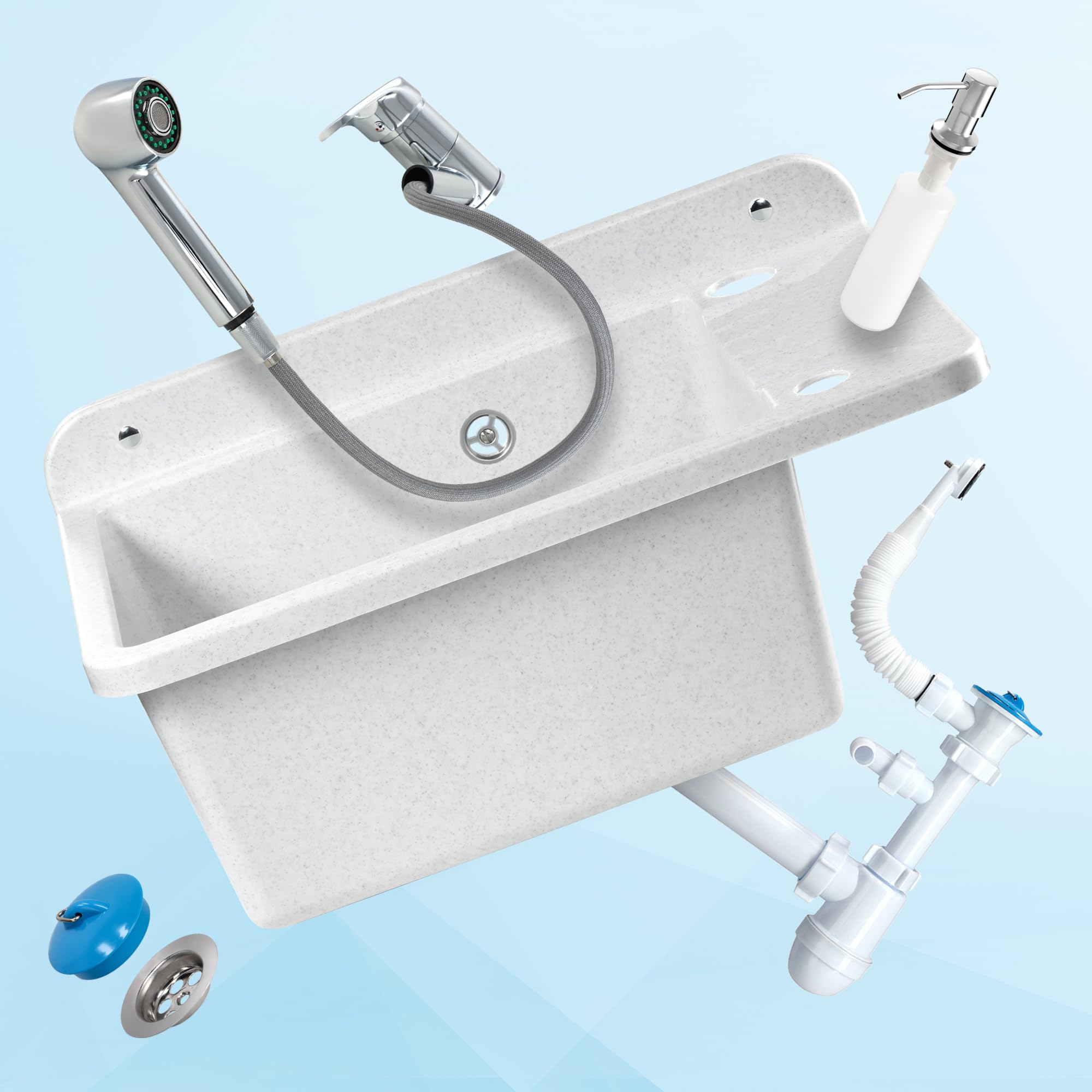 KADAX GOSPO Bac de lavabo en polypropylène, 50,5 x 34 x 26,5 cm, évier avec robinet, siphon, distributeur de savon, lavabo, évier de ménage (Blanc)