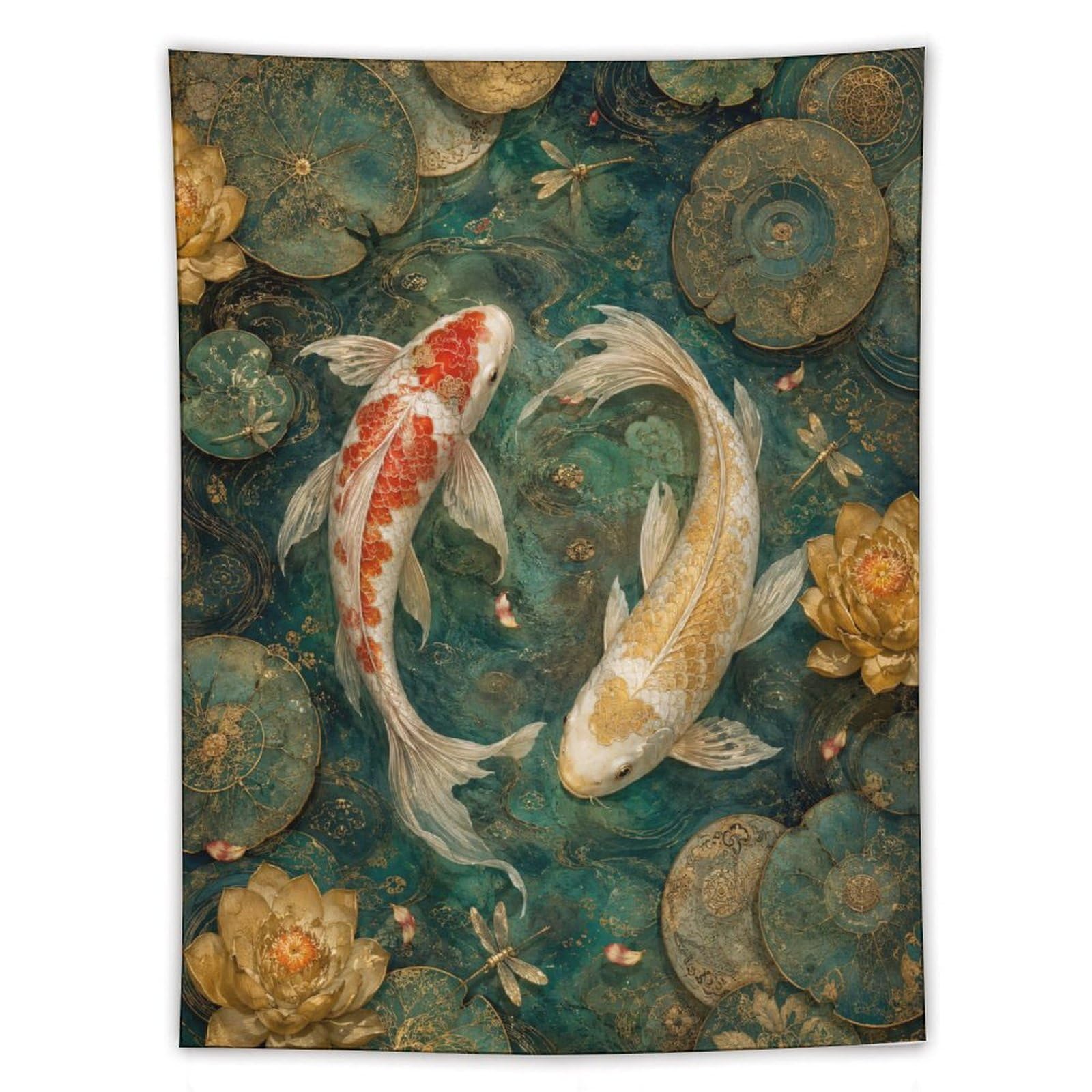 H3B8U2Y5 Koi Fish Floral Wall Tapestry, Ukiyo-e Style, Minimalist Asian Art