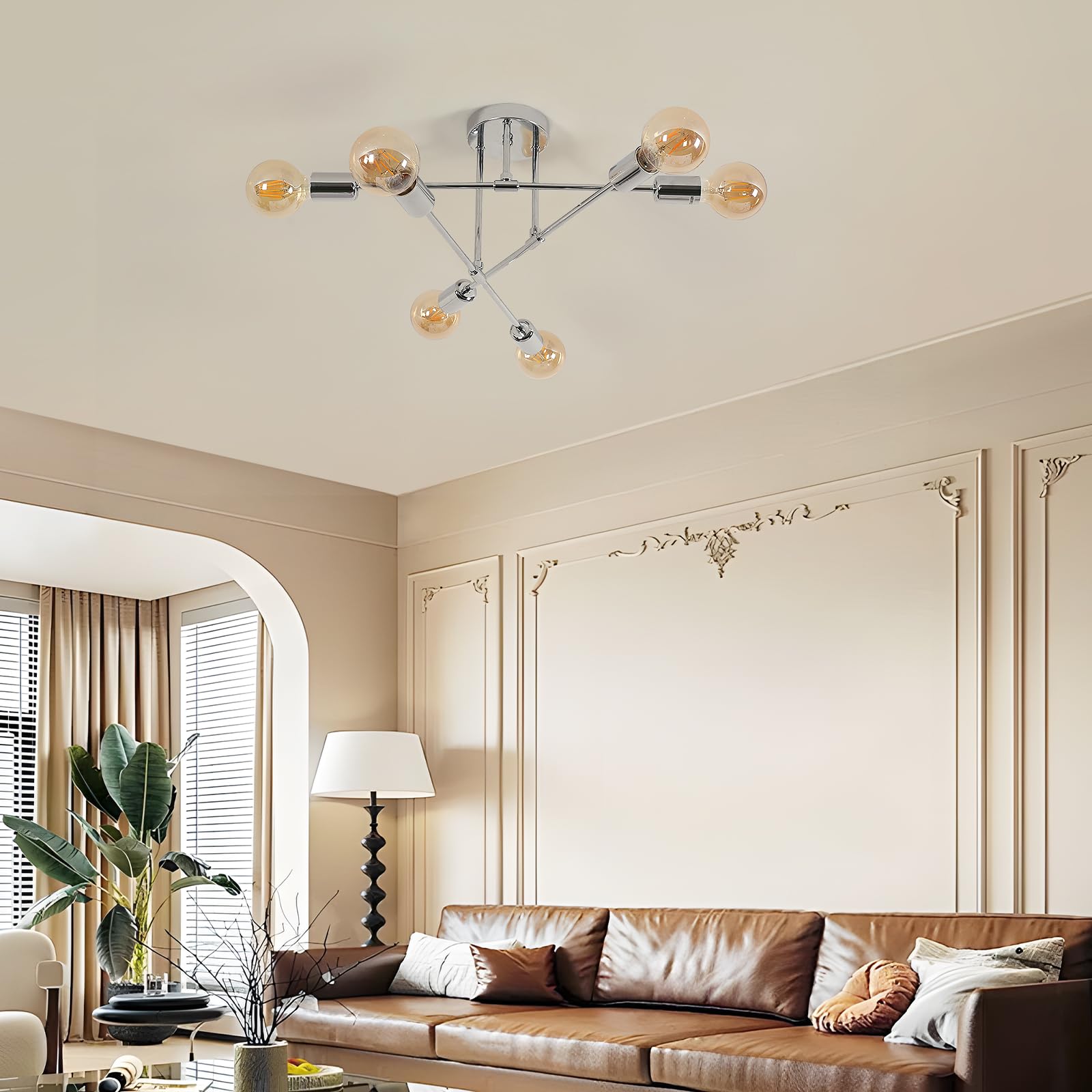 Goeco Lampadario Sputnik Vintage, E27 Plafoniera da Soffitto Industrial con 6 Portalampada, Lampada da Soffitto in Metallo per Camera da Letto Soggiorno, (Senza Lampadina), Cromo Dia. 60 cm