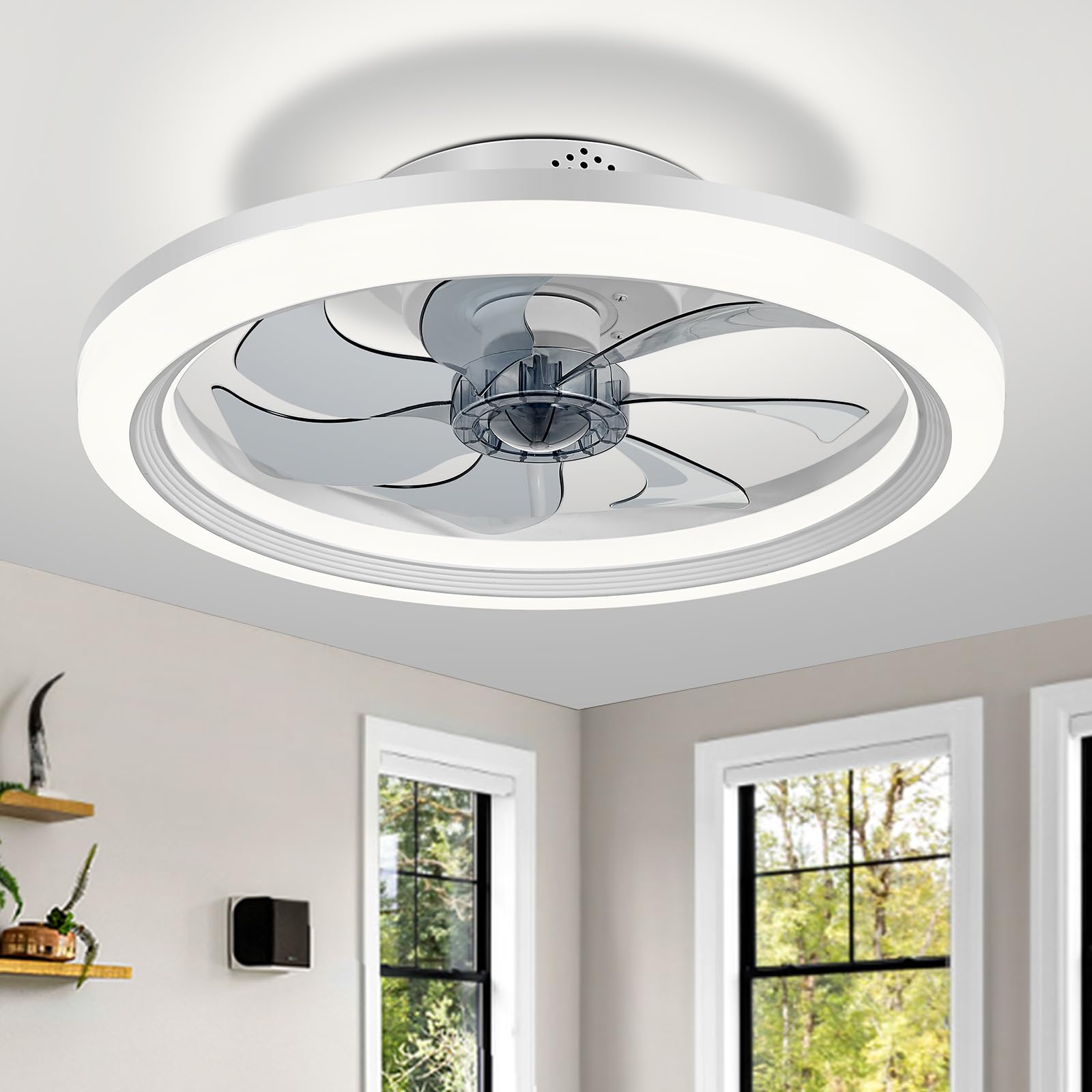 DWDVBL 50CM Silent Bladeless Ceiling Fan with LED Light and Remote Control, 6 Speeds 3 Tone Silent Ceiling Fans with Reversible DC Light for Bedroom