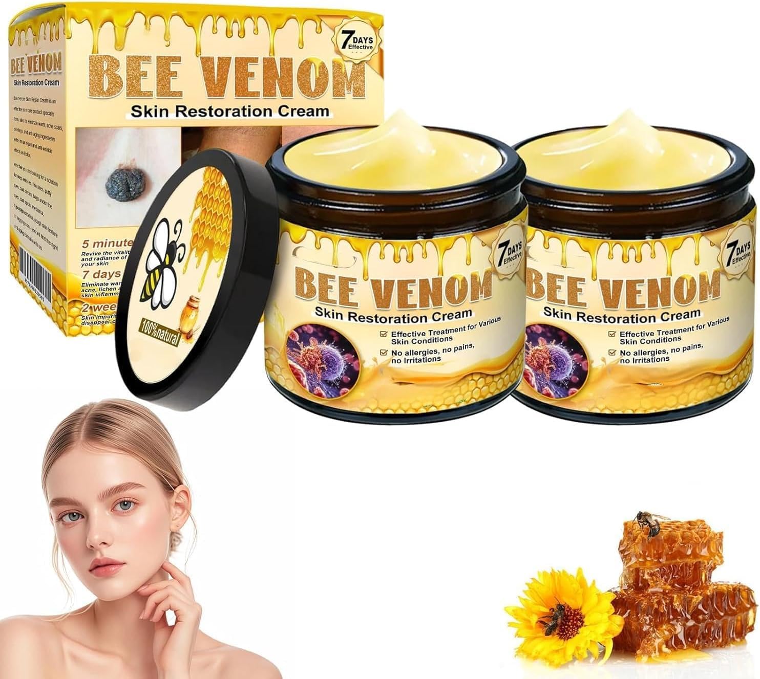 2PCS Bee Venom Skin Restoration Cream, Professional Bee Venom Skin Treatment Cream, BeeVenom ComprehensiveCream, Moisturizer & Effectively Reducing Imperfections for All Skin Types