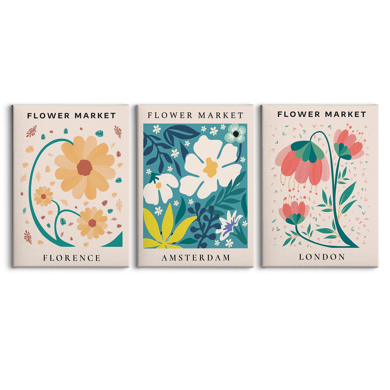 VIYYIEA Abstract Floral Canvas Wall Art Decor Aesthetic, 3 Pcs Retro Flower Market Wall Pictures, 12x16 Inch, Wrapped Canvas Retro Paintings, Vintage Artwork for Bedroom Dorm Room Decoration