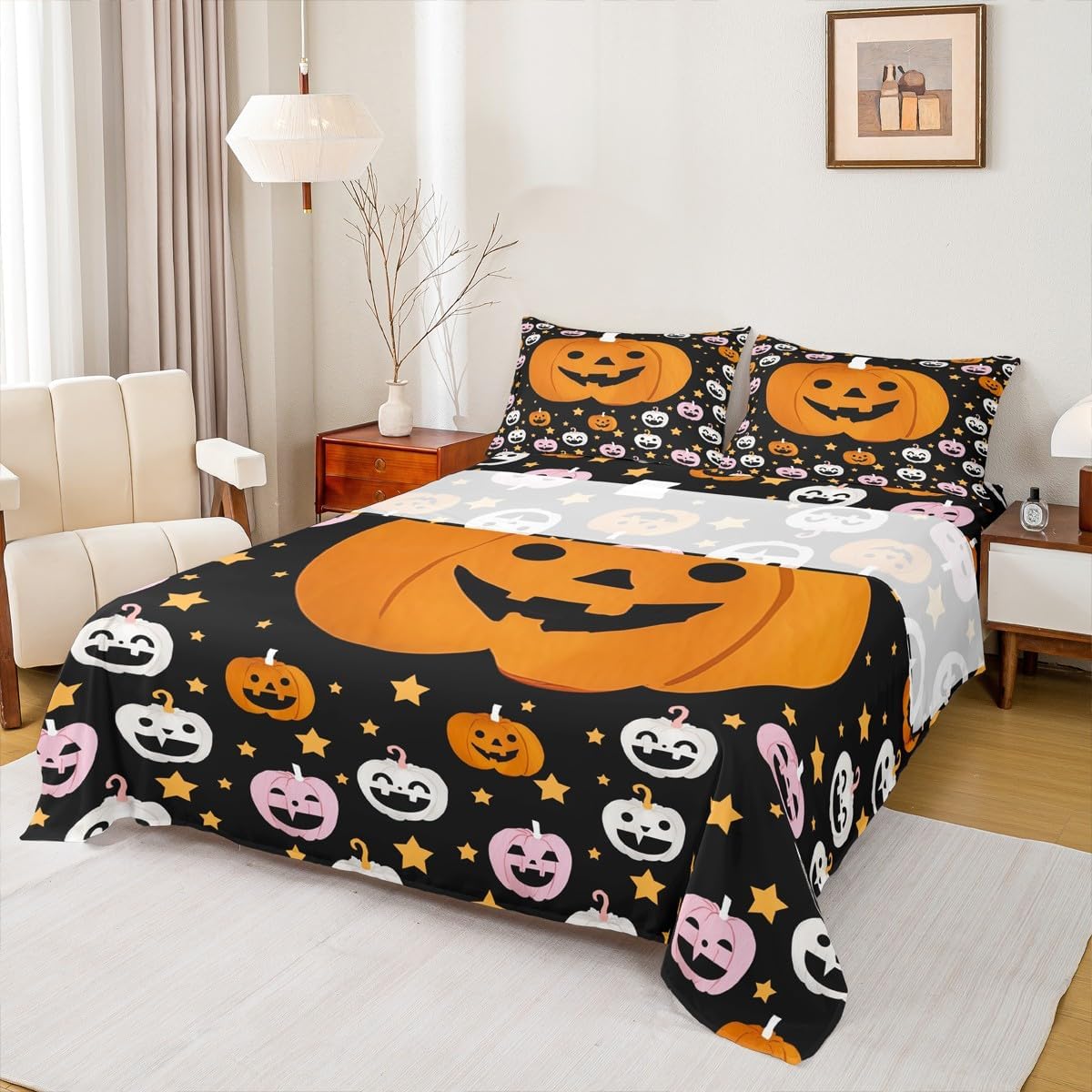 jejeloiu Happy Halloween Bed Sheets Set Twin Size Horror Theme Bed Set for Kids Boys Girls Pumpkin Deep Pocket Fitted Sheet Black Breathable Soft Lightweight Microfiber